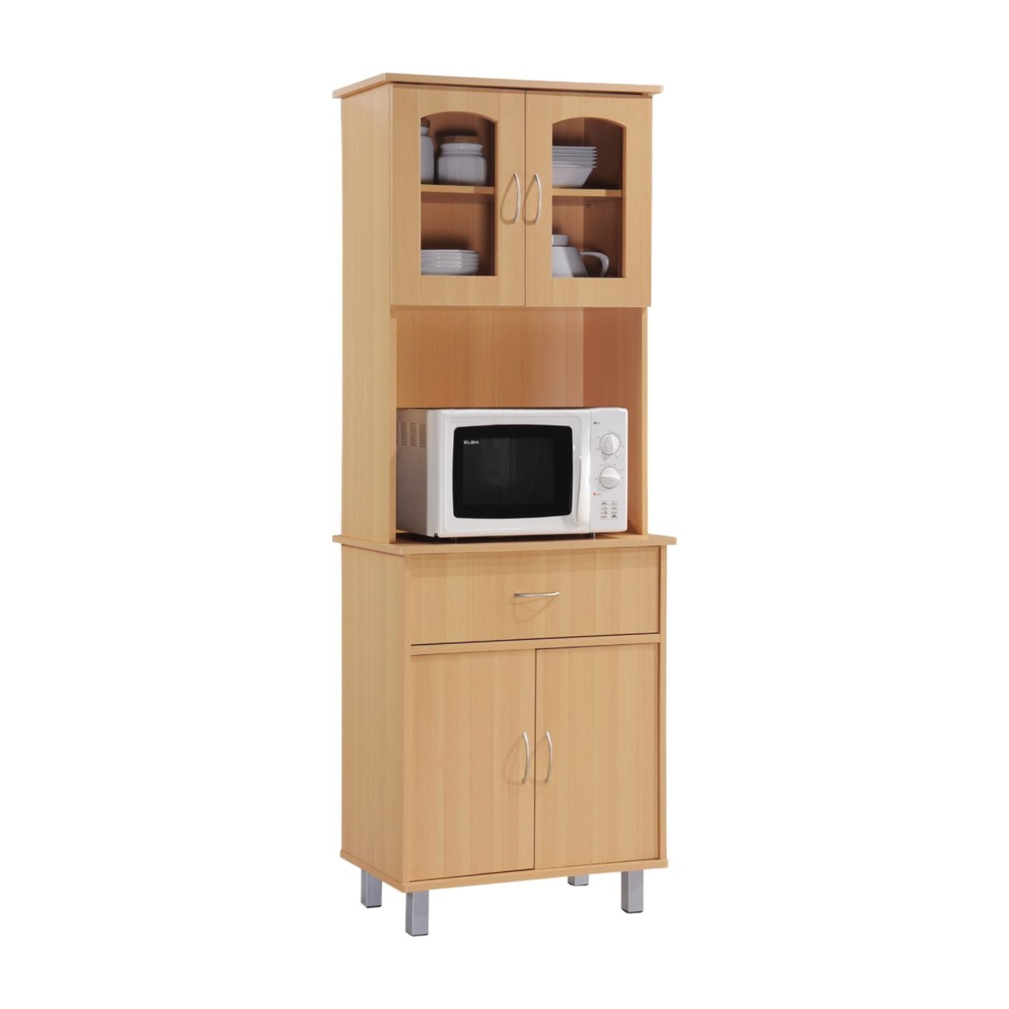 Elegant Cherry Wood Kitchen China Cabinet with Microwave Shelf and Storage