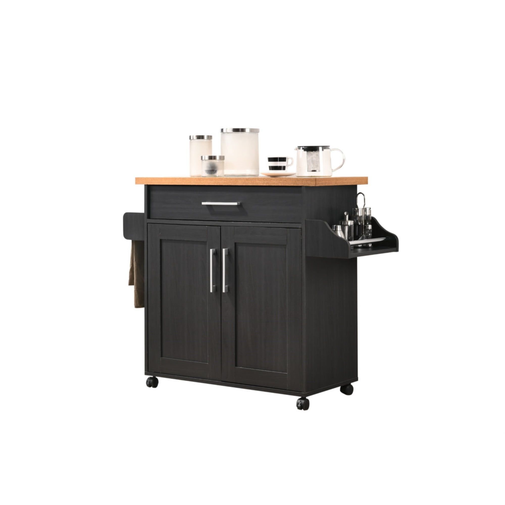 Elegant Black Beech Wood Kitchen Island with Spice Rack and Towel Holder