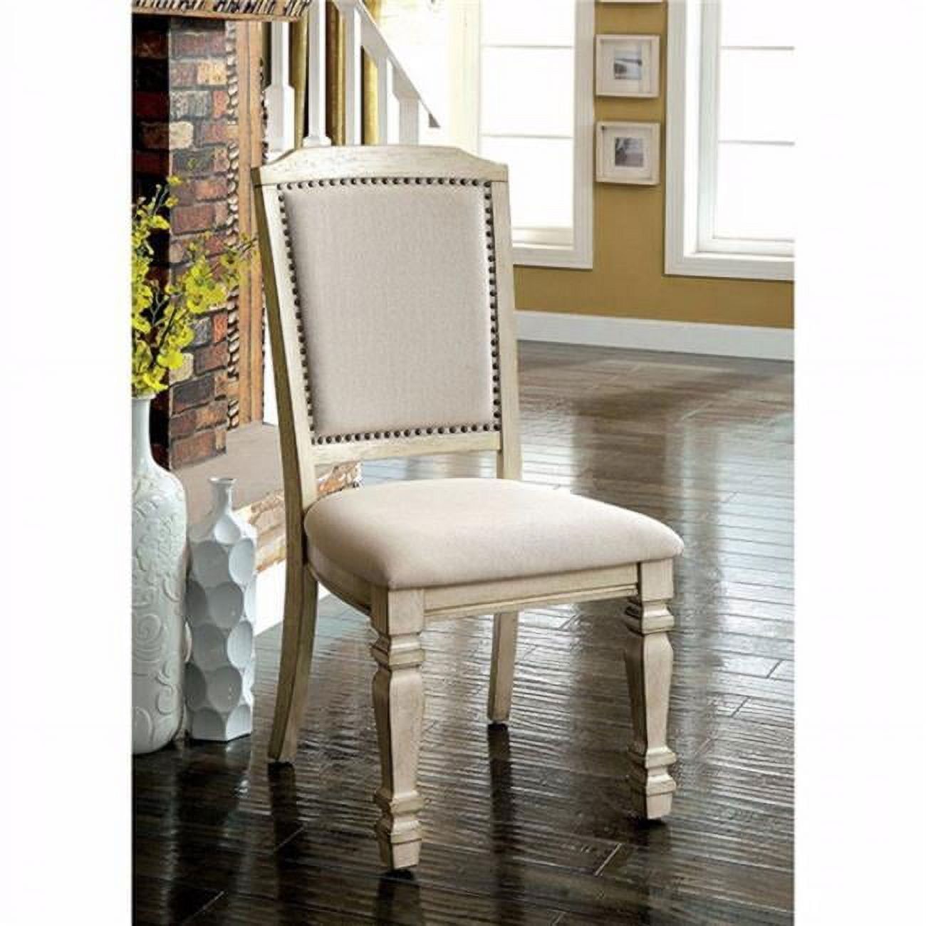 Antique White Linen Upholstered Side Chair with Wood Frame