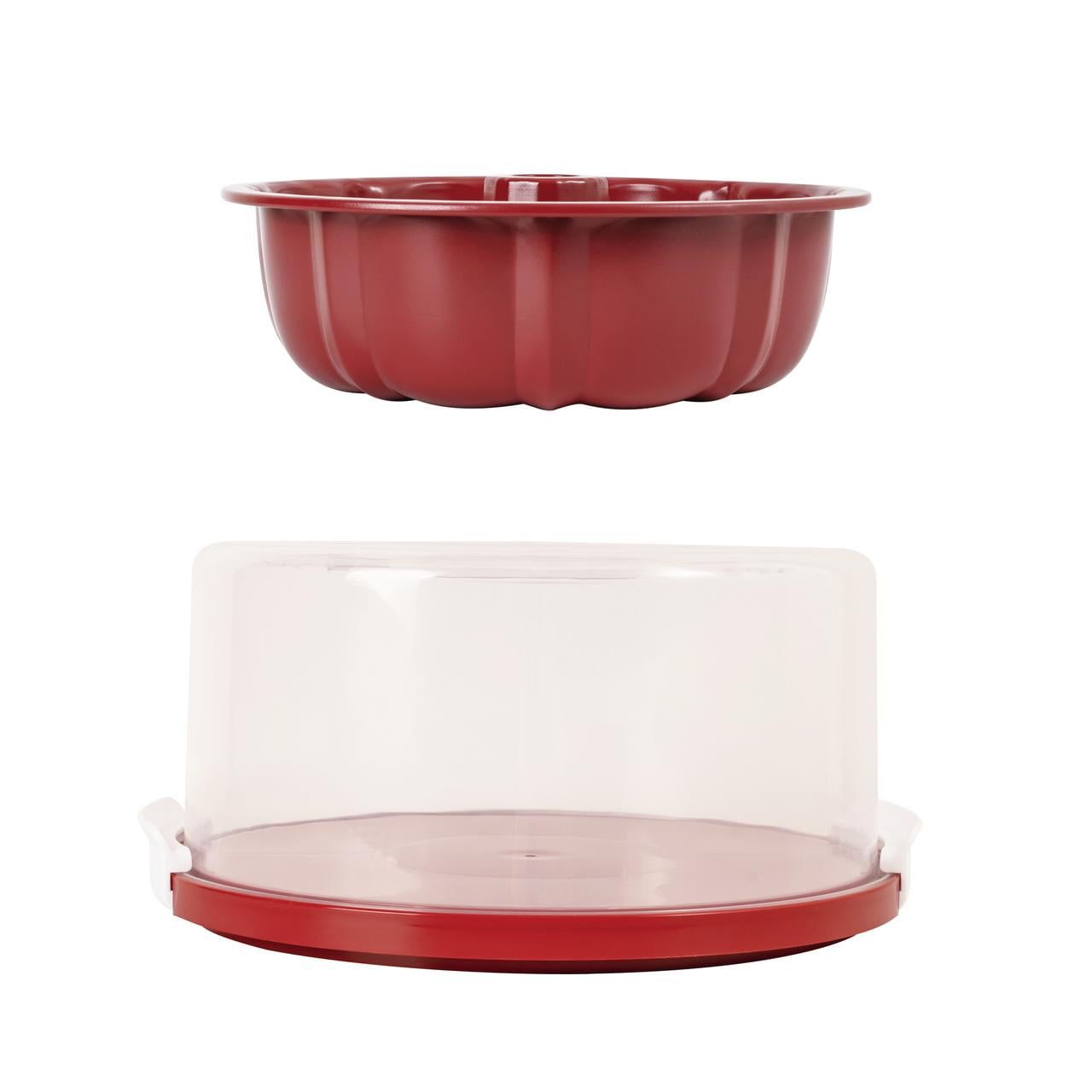 Holiday Red Non-Stick Fluted Cake Pan with Carrier