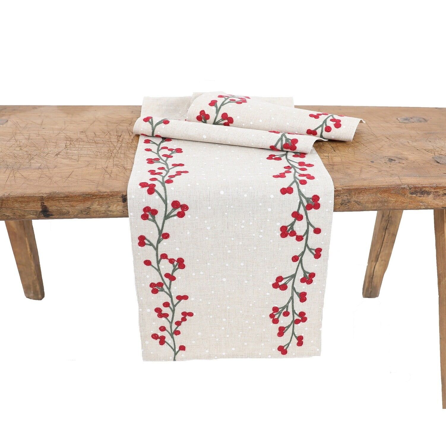 Natural Red Holly Berry Embroidered Christmas Table Runner