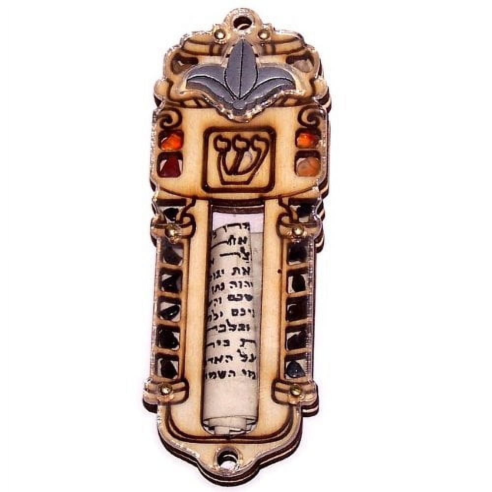 Handcrafted Wooden Mezuzah with Gemstones and Scroll, 4 Inches