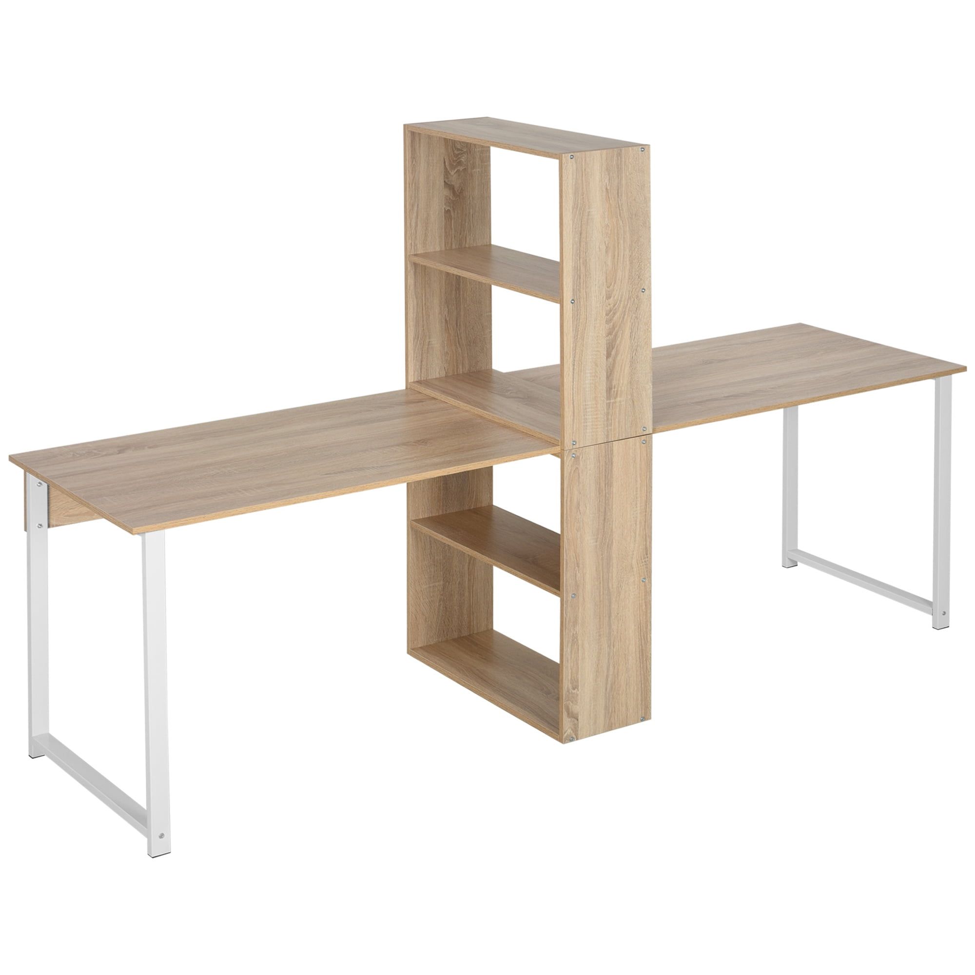 Natural Wood 88" Dual Workstation Desk with Central Bookshelf