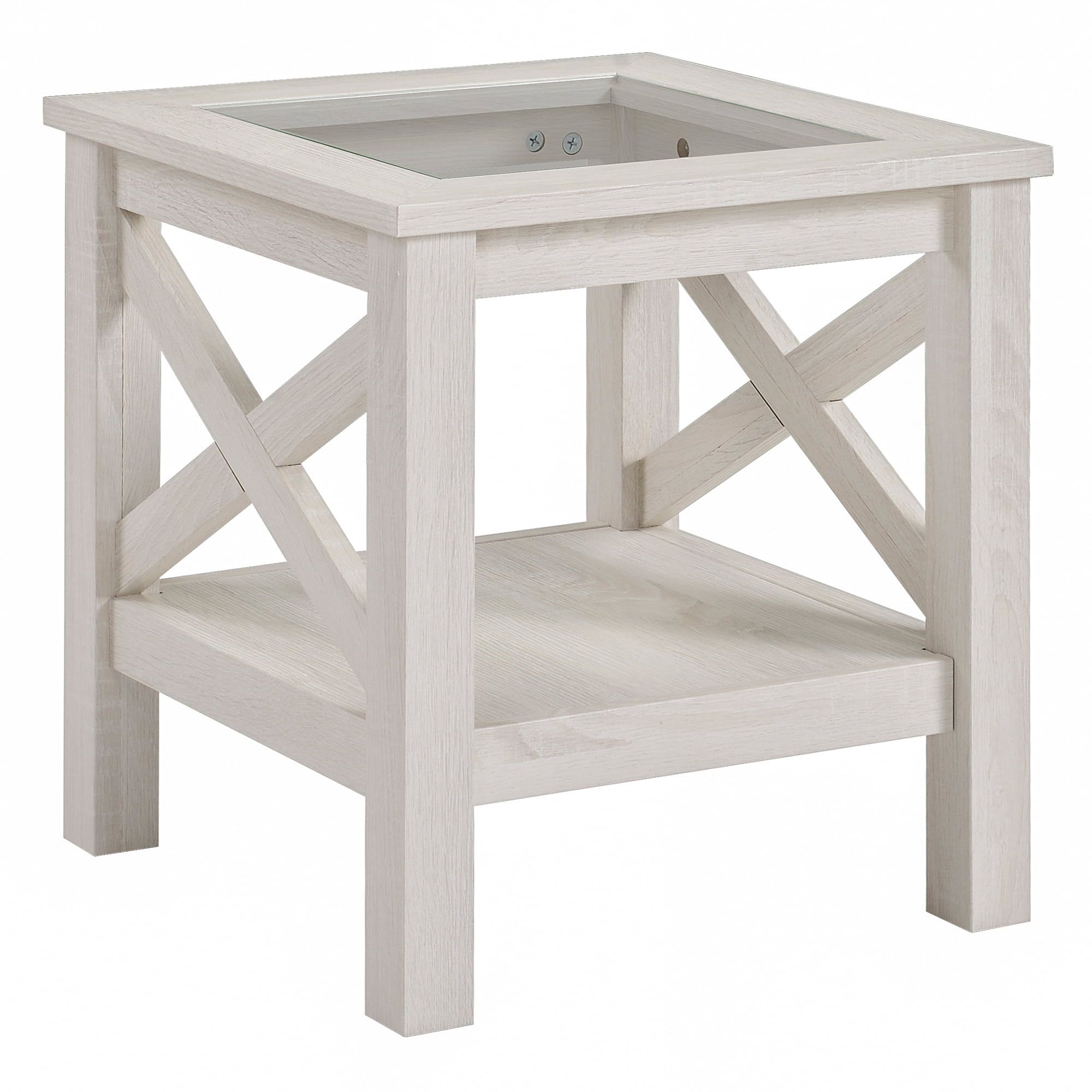 White Oak Wood and Glass End Table with Storage Shelf