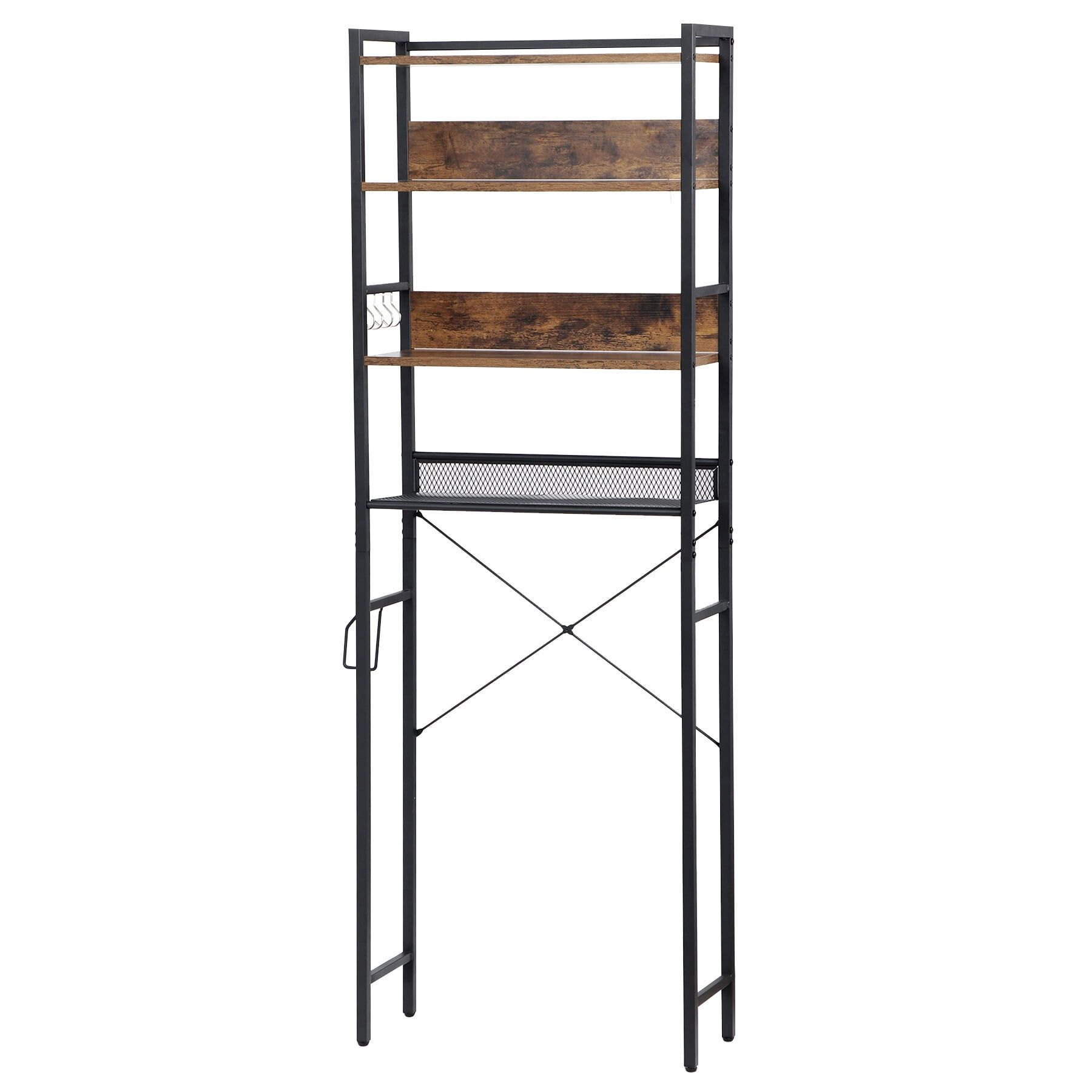 Rustic Dark Brown 4-Tier Over-the-Toilet Storage Rack with Metal Frame