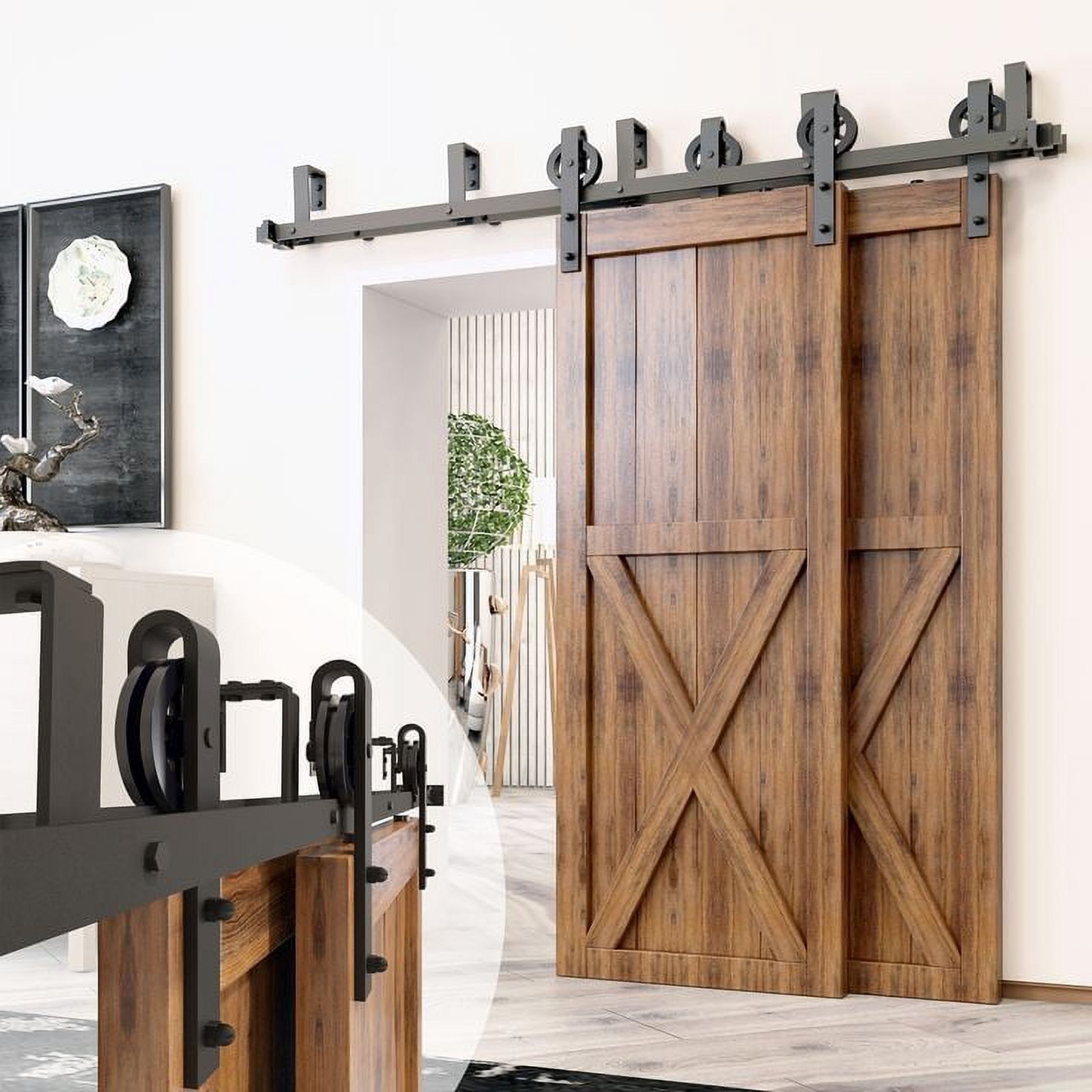 Black Rustic Double Track Bypass Sliding Barn Door Hardware Kit, 12ft