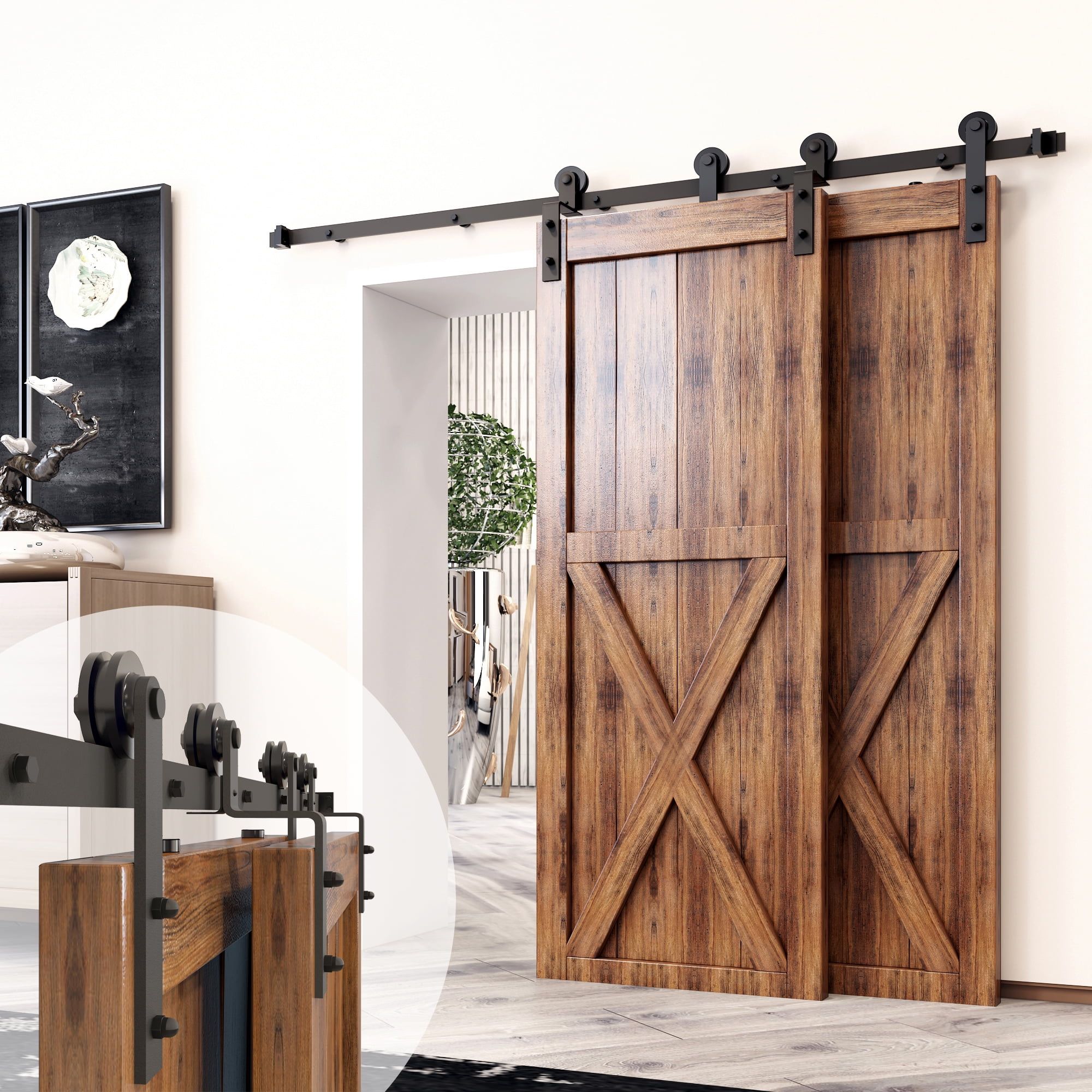 16 ft Black Rustic Single Track Bypass Sliding Barn Door Hardware Kit