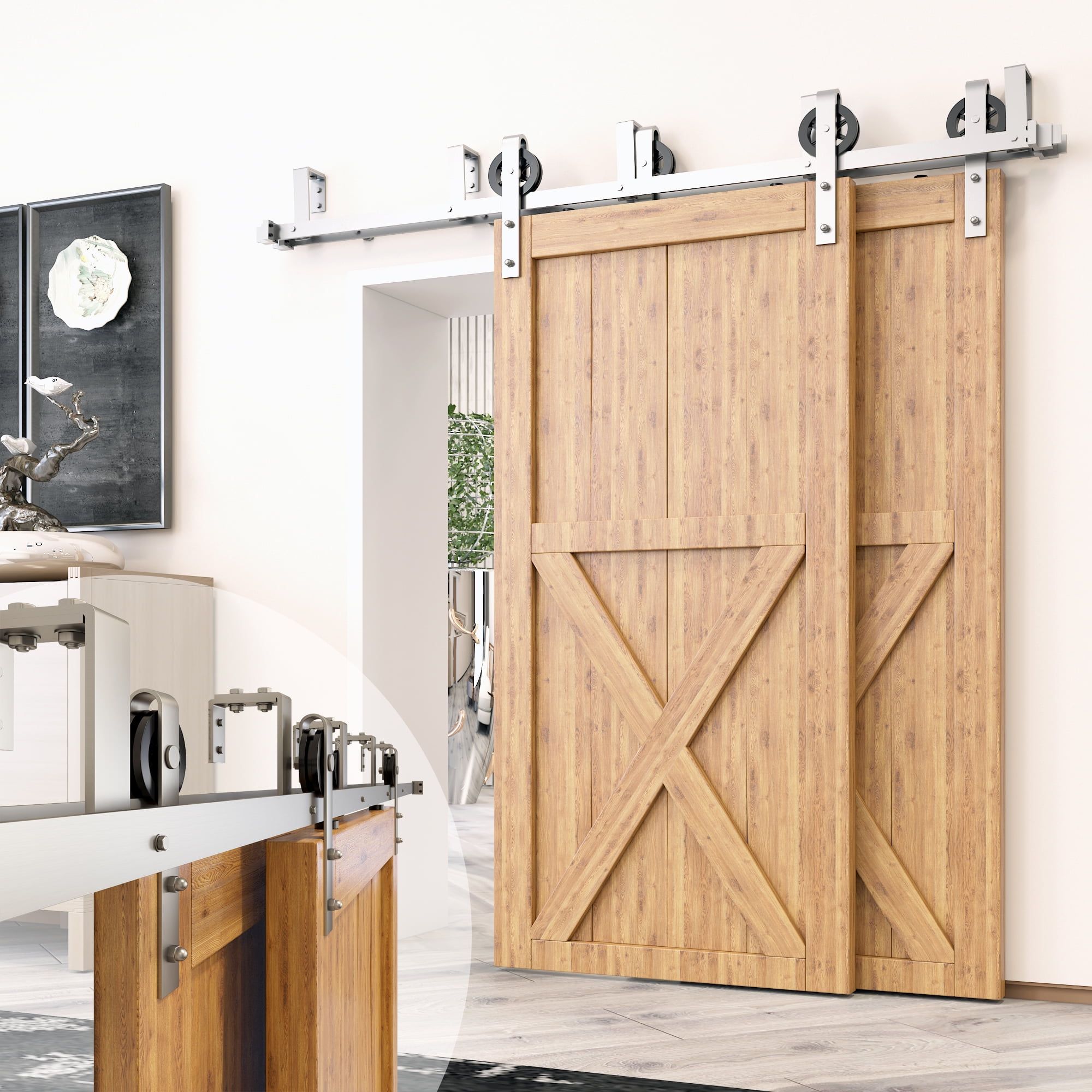 Brushed Nickel Double Track Bypass Sliding Barn Door Hardware Kit