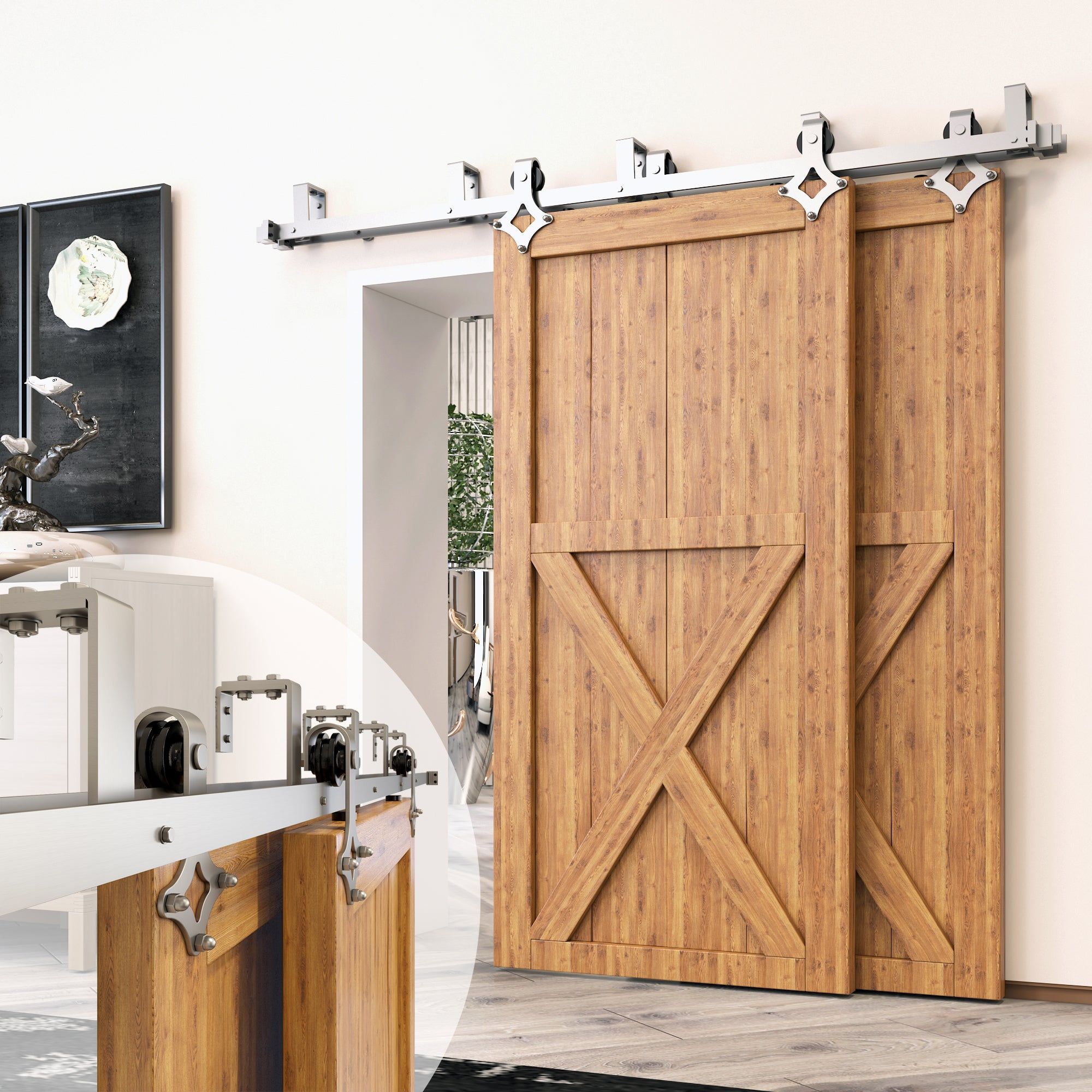 Brushed Nickel Double Track Diamond Bypass Barn Door Hardware Kit