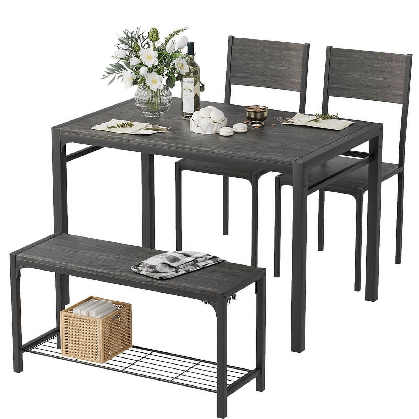 Gray Metal and Wood 4-Piece Dining Set with Bench and 2 Chairs