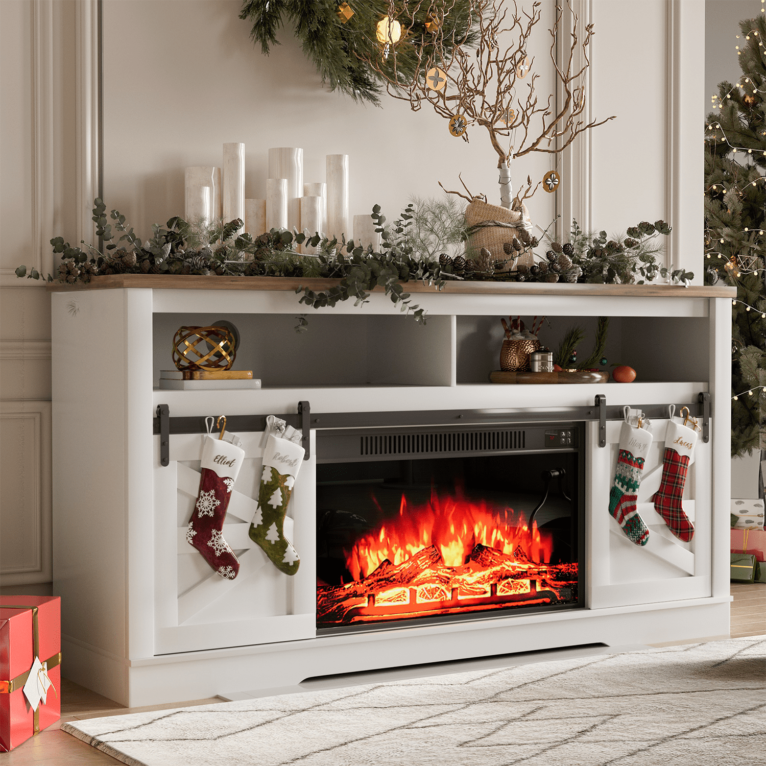 White Sliding Barn Door Fireplace TV Stand with Storage