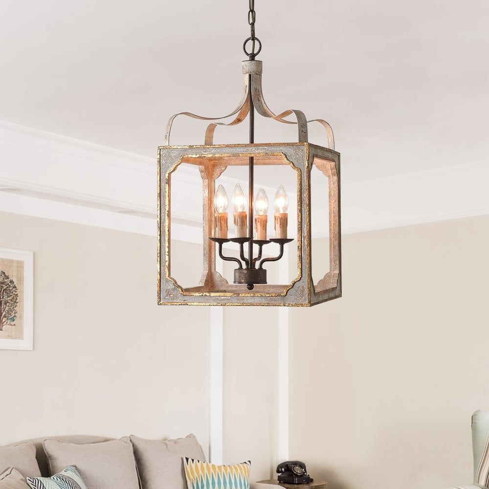 Antique Gray and Gold 4-Light Lantern Chandelier