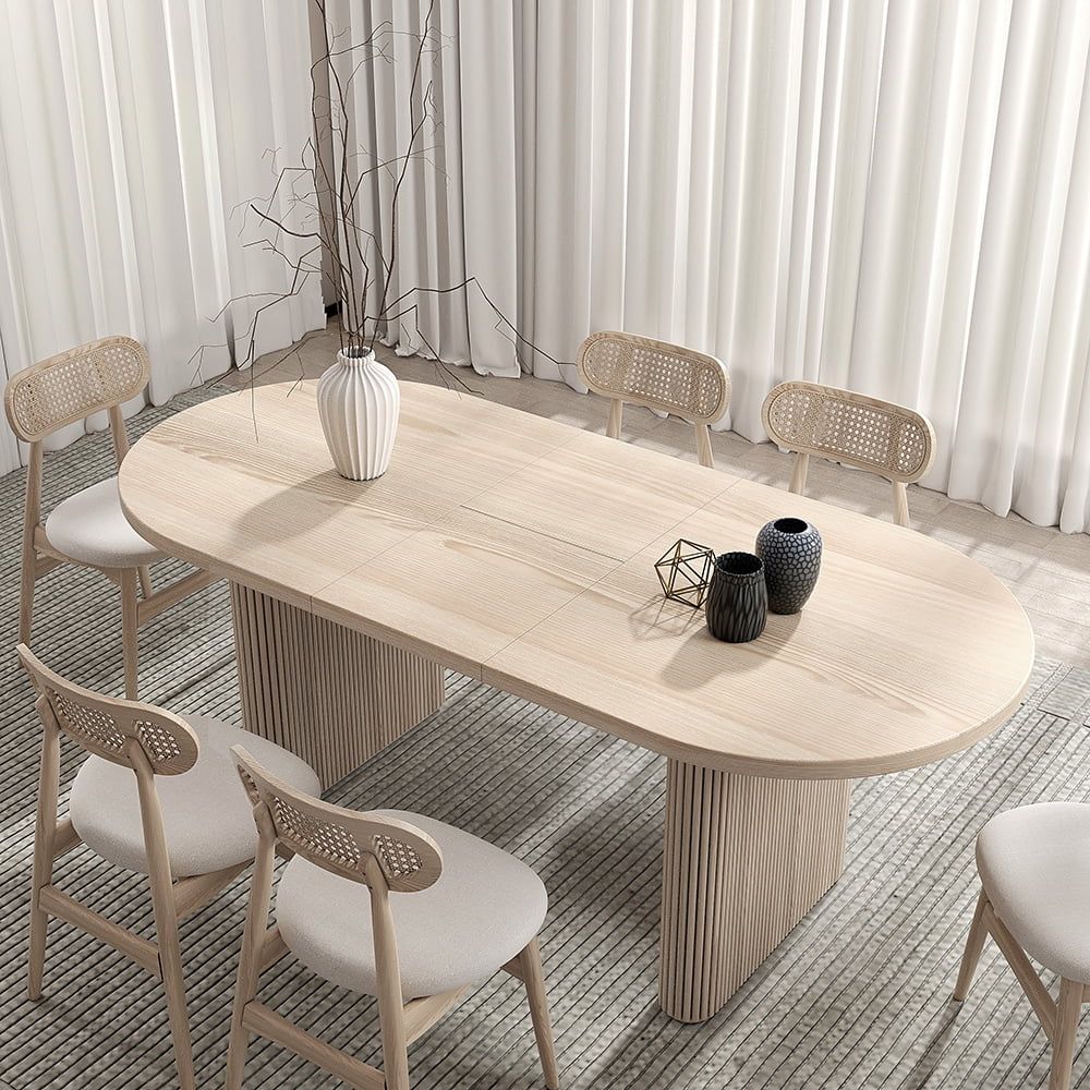 Japandi Oval Extendable Whitewash Wood Dining Table for Six