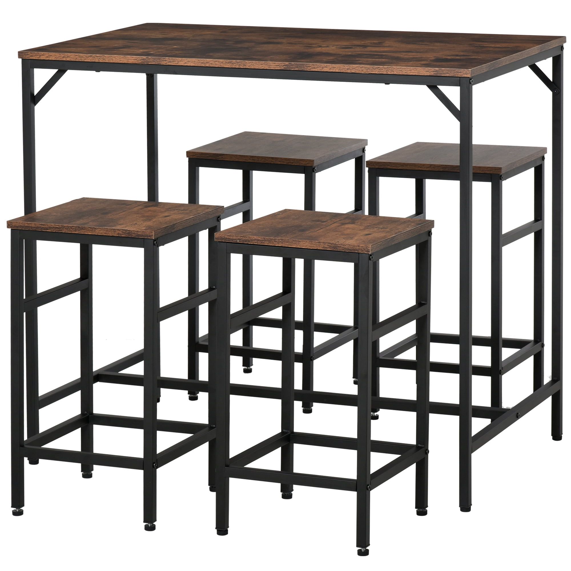 Modern Industrial Black/Brown Pub Table Set with 4 Armless Chairs