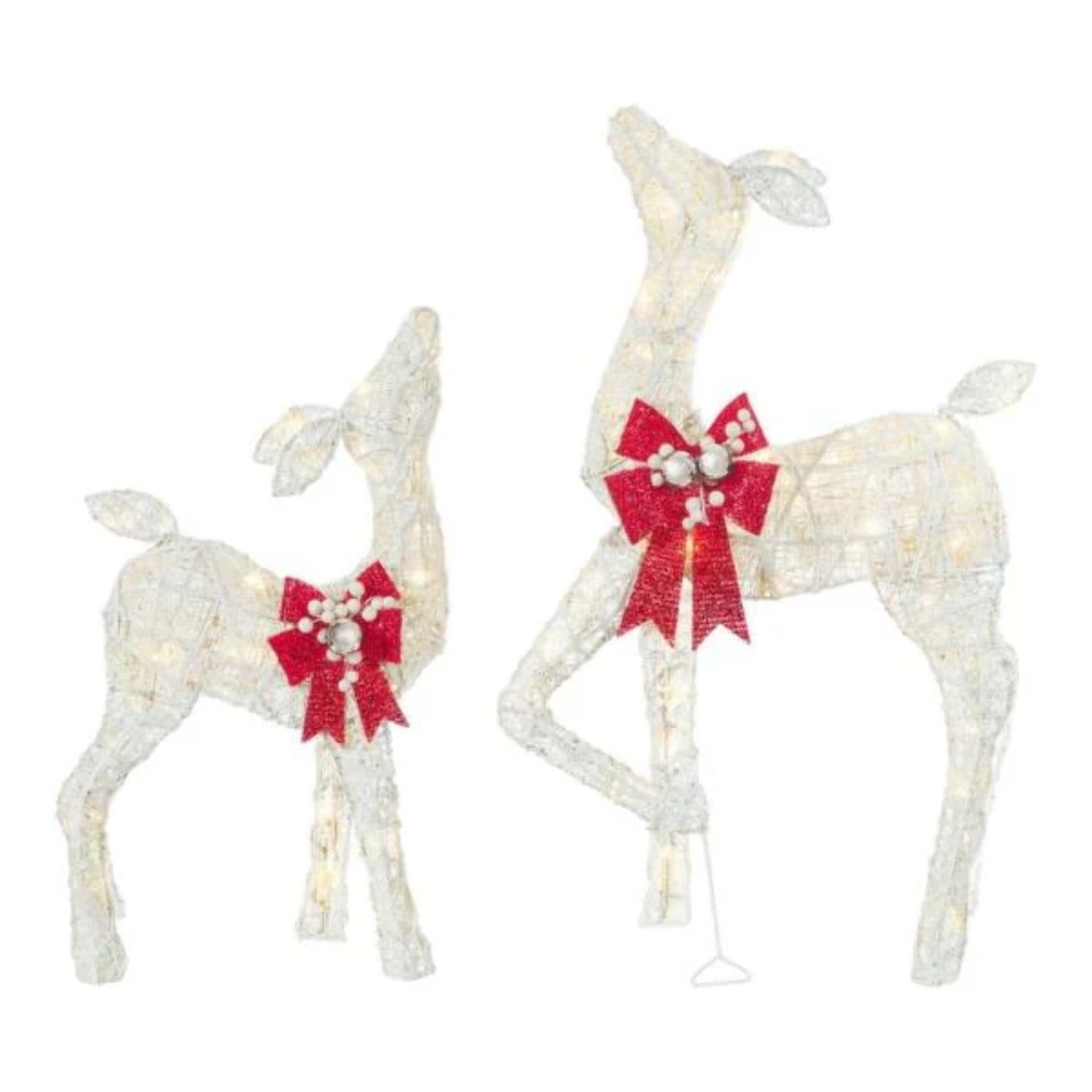 Warm White LED Deer Yard Sculpture Set with Red Bows