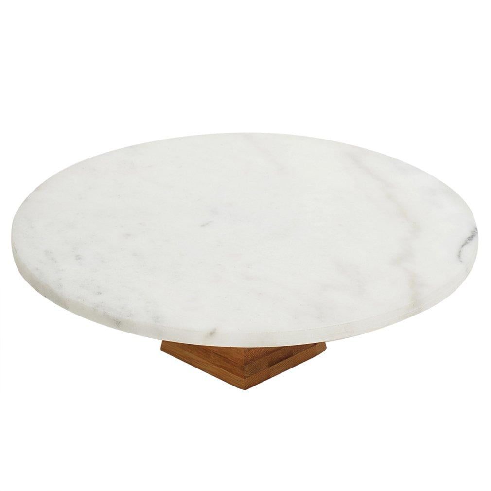 White Marble and Wood Round Food Display Riser