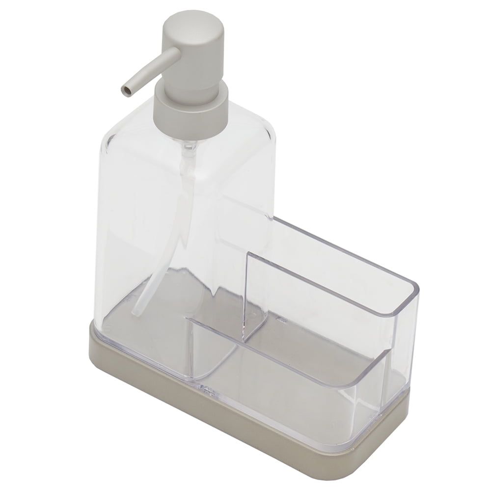 Clear Plastic Soap Dispenser with Dual Sponge Compartments and Satin Nickel Base