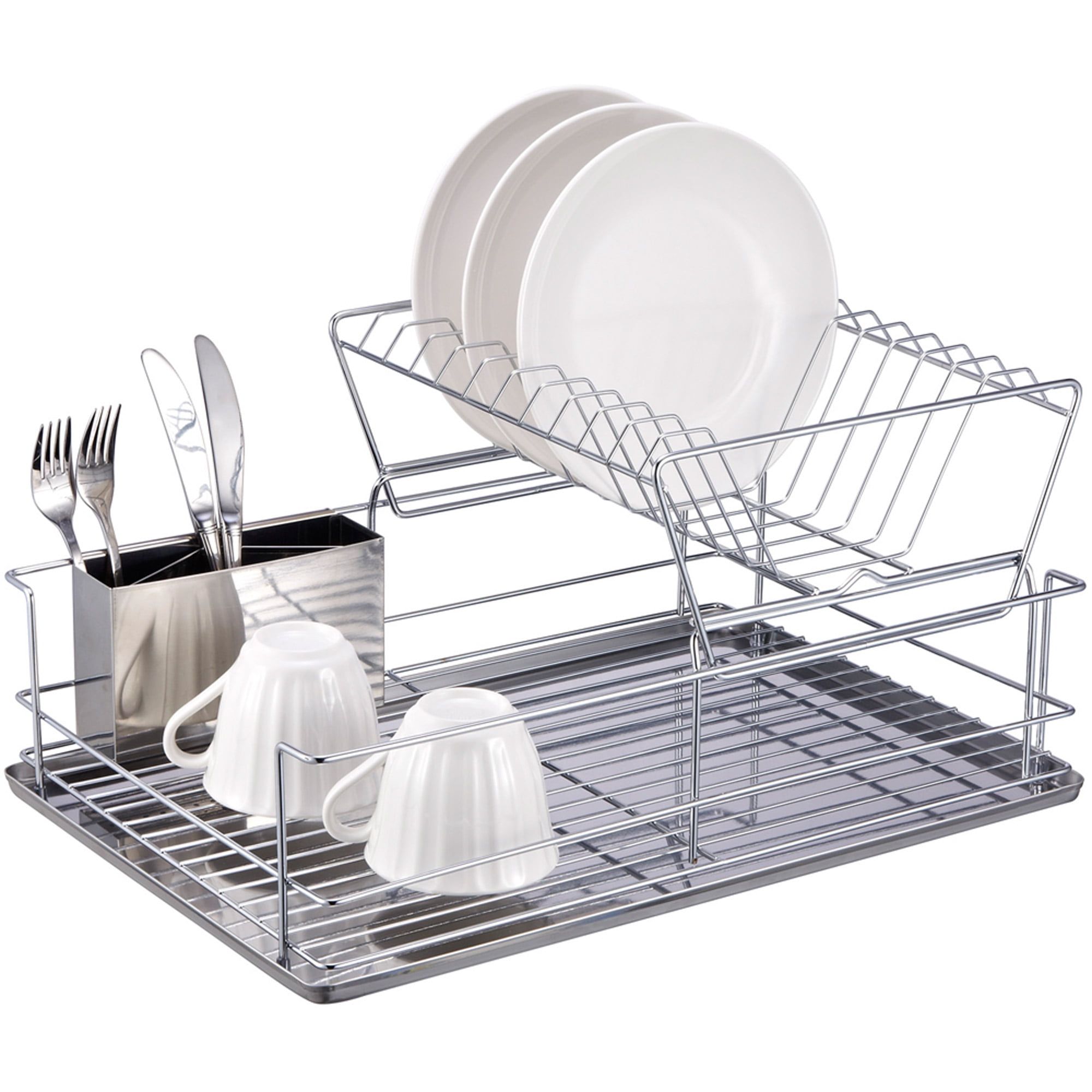 Silver 2-Tier Stainless Steel Dish Rack with Utensil Cup