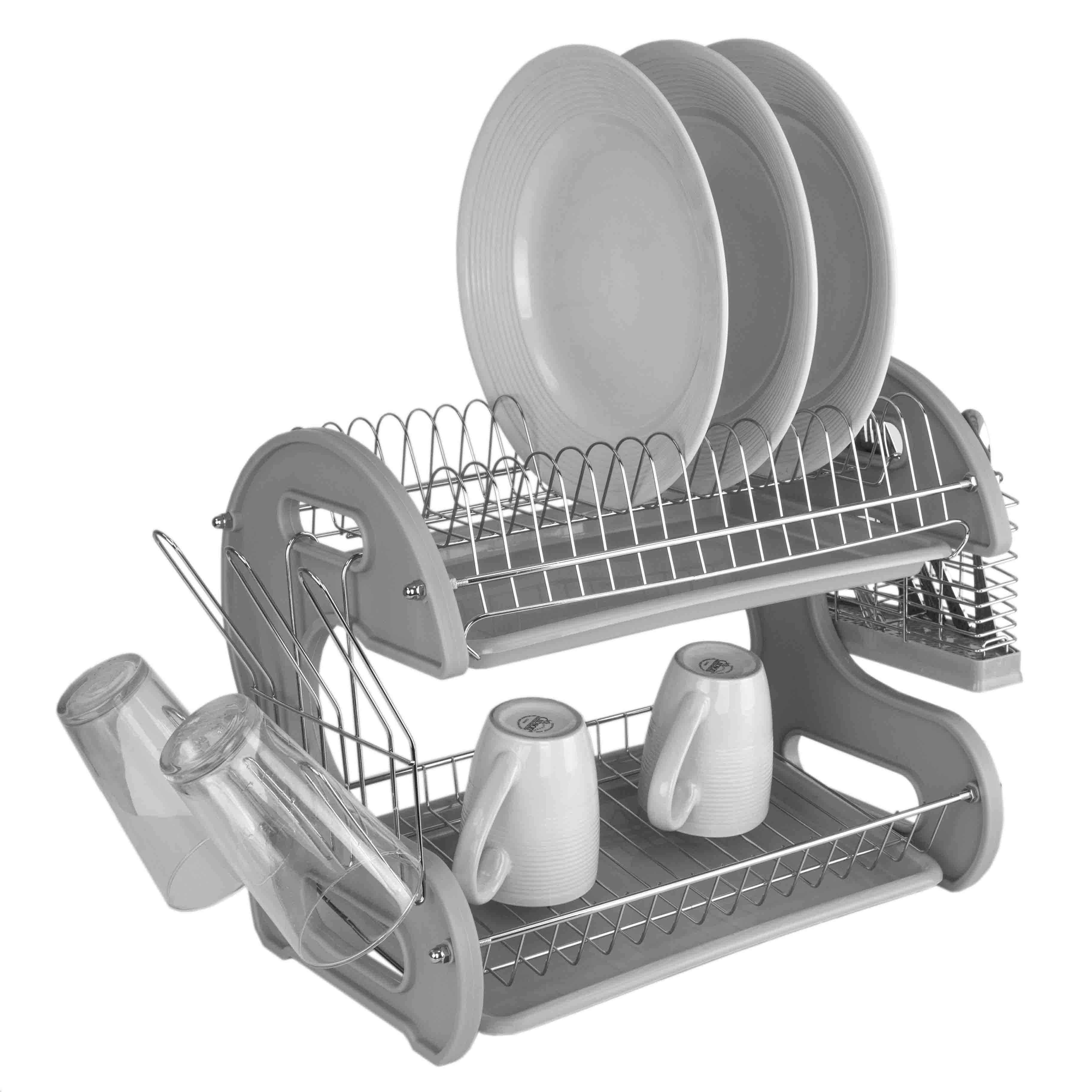 Grey Foldable 2-Tier Metal Dish Rack with Utensil Cup