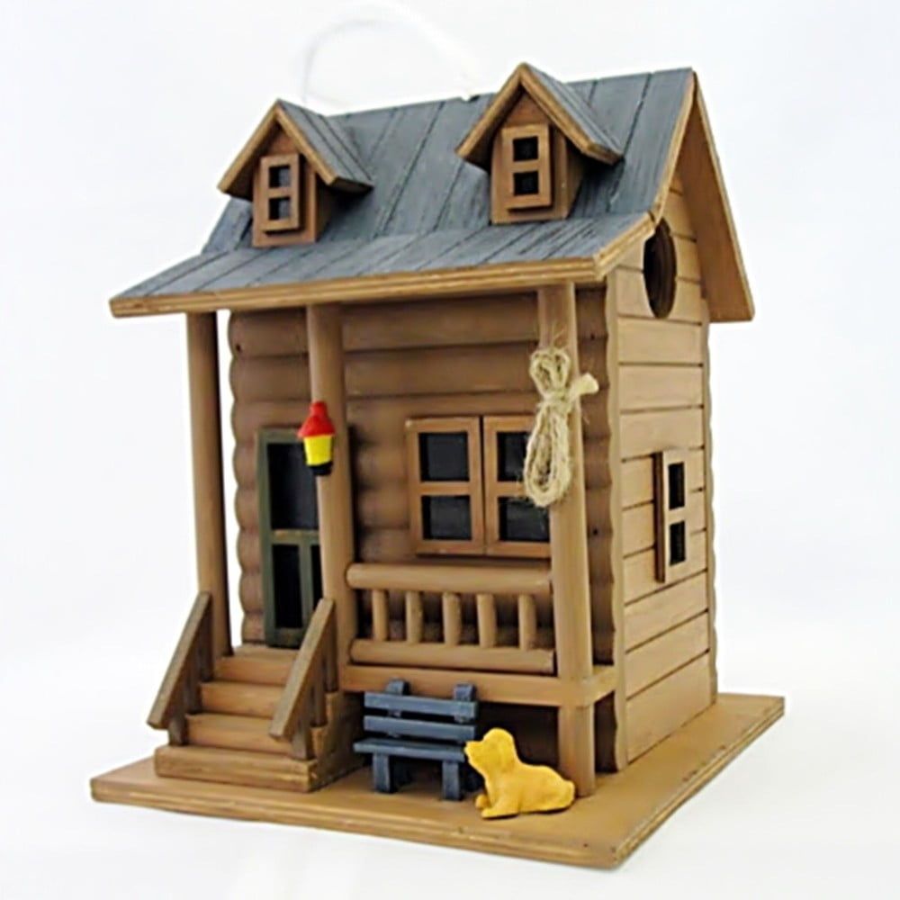 Rustic Brown and Blue Log Cabin Bird House