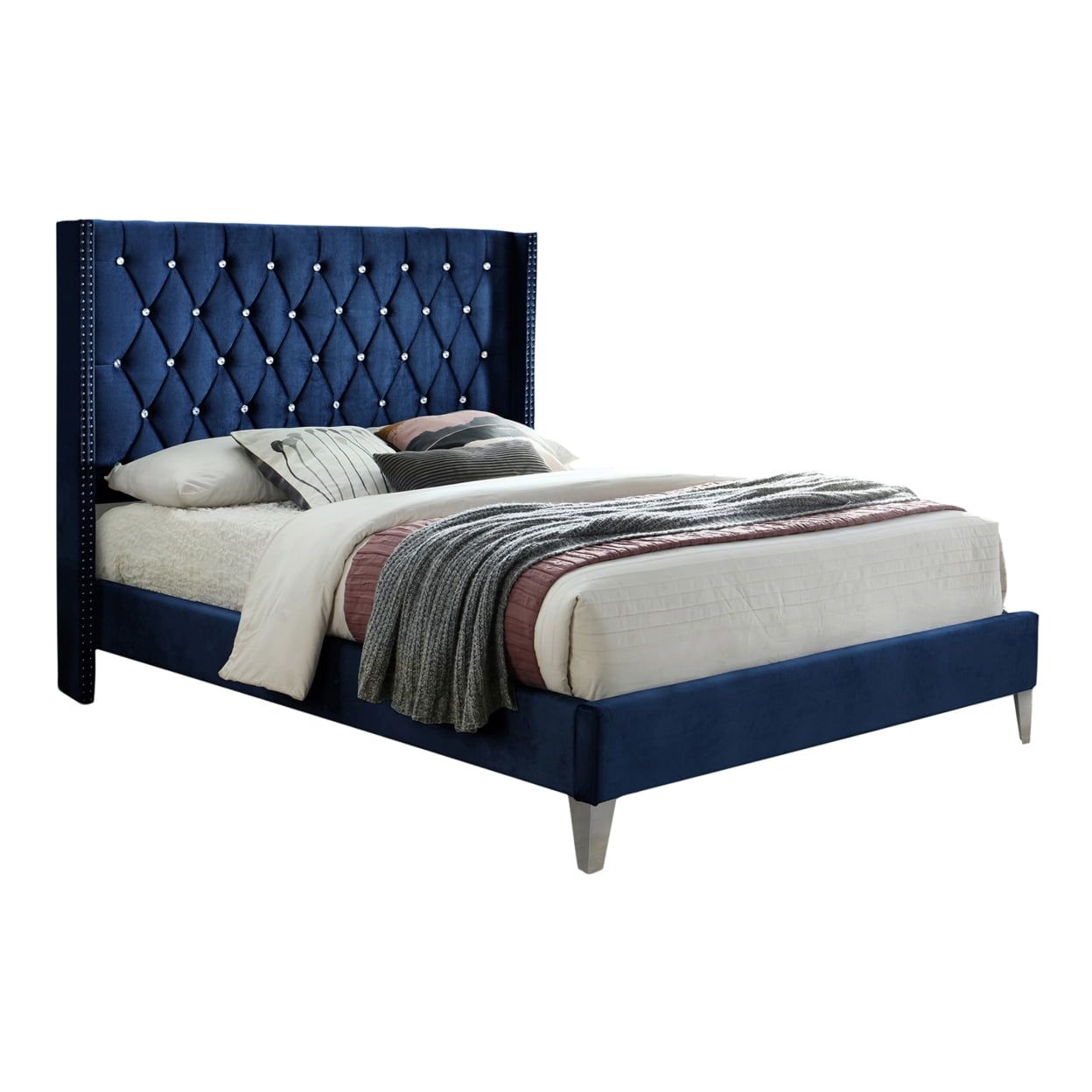 Deluxe Blue Velvet Queen Platform Bed with Nailhead Trim