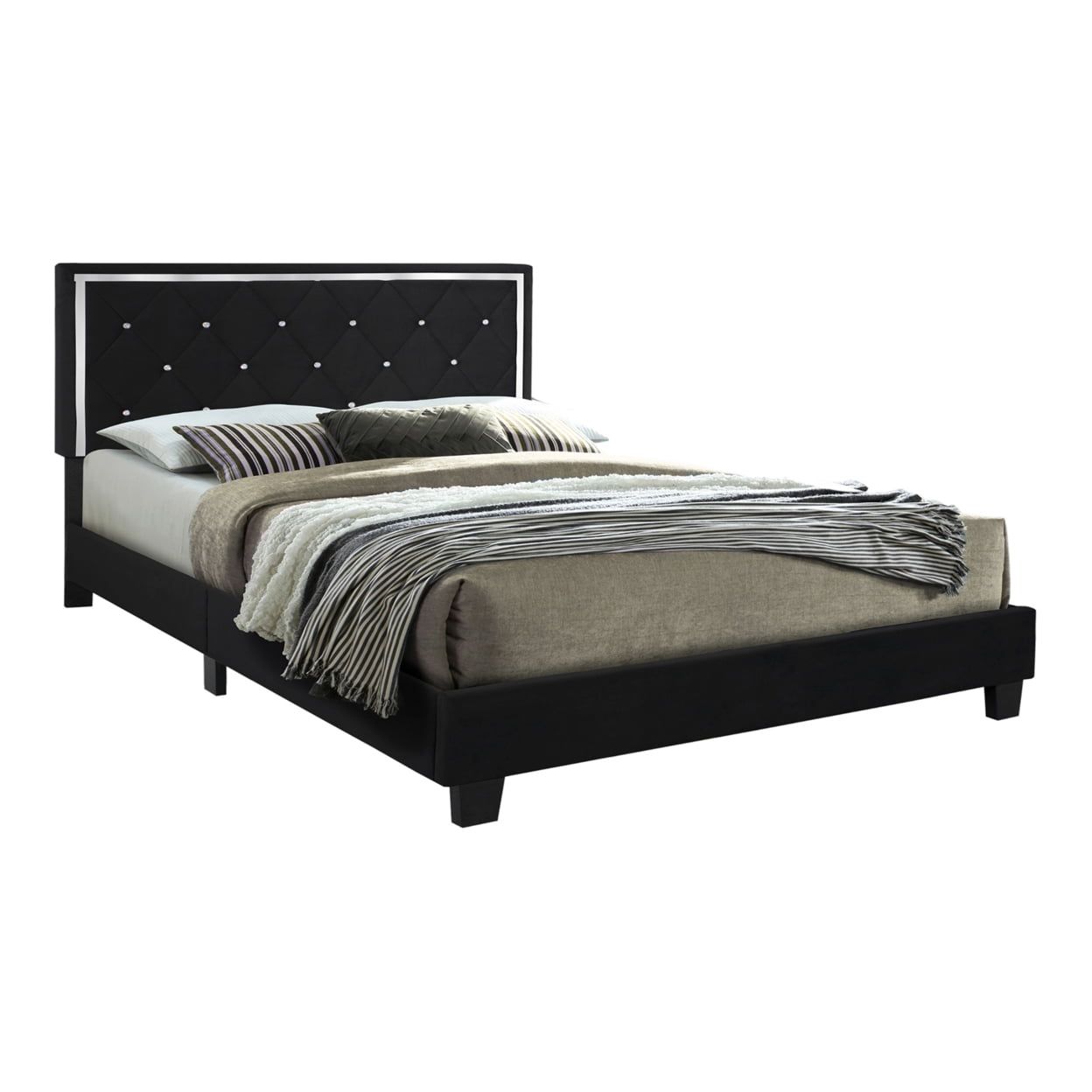 Monica Luxe Black Velvet King Platform Bed with Crystal Tufting