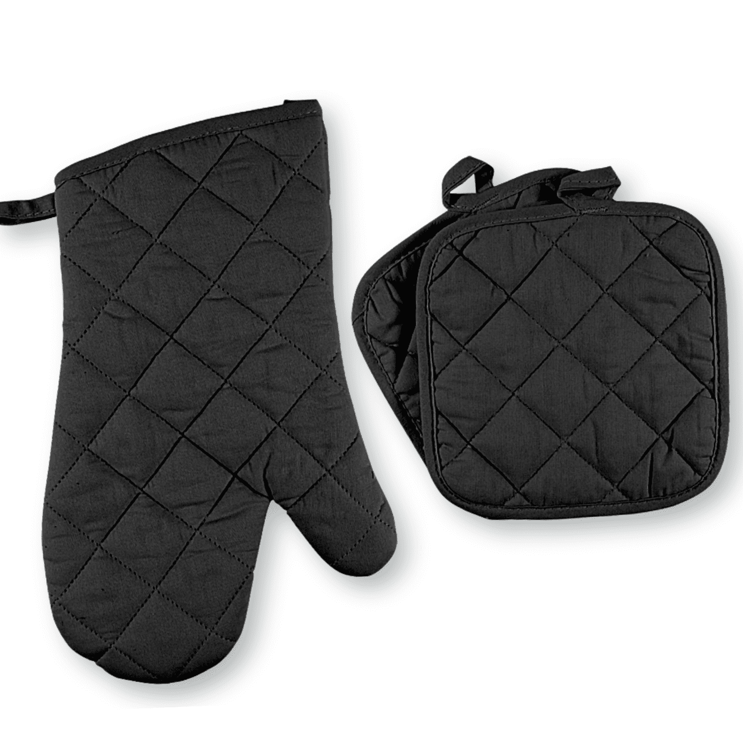 Black Cotton Quilted Oven Mitt and Potholder Set