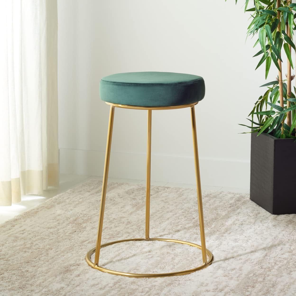 Malachite Green Velvet & Gold 23" Round Counter Stool