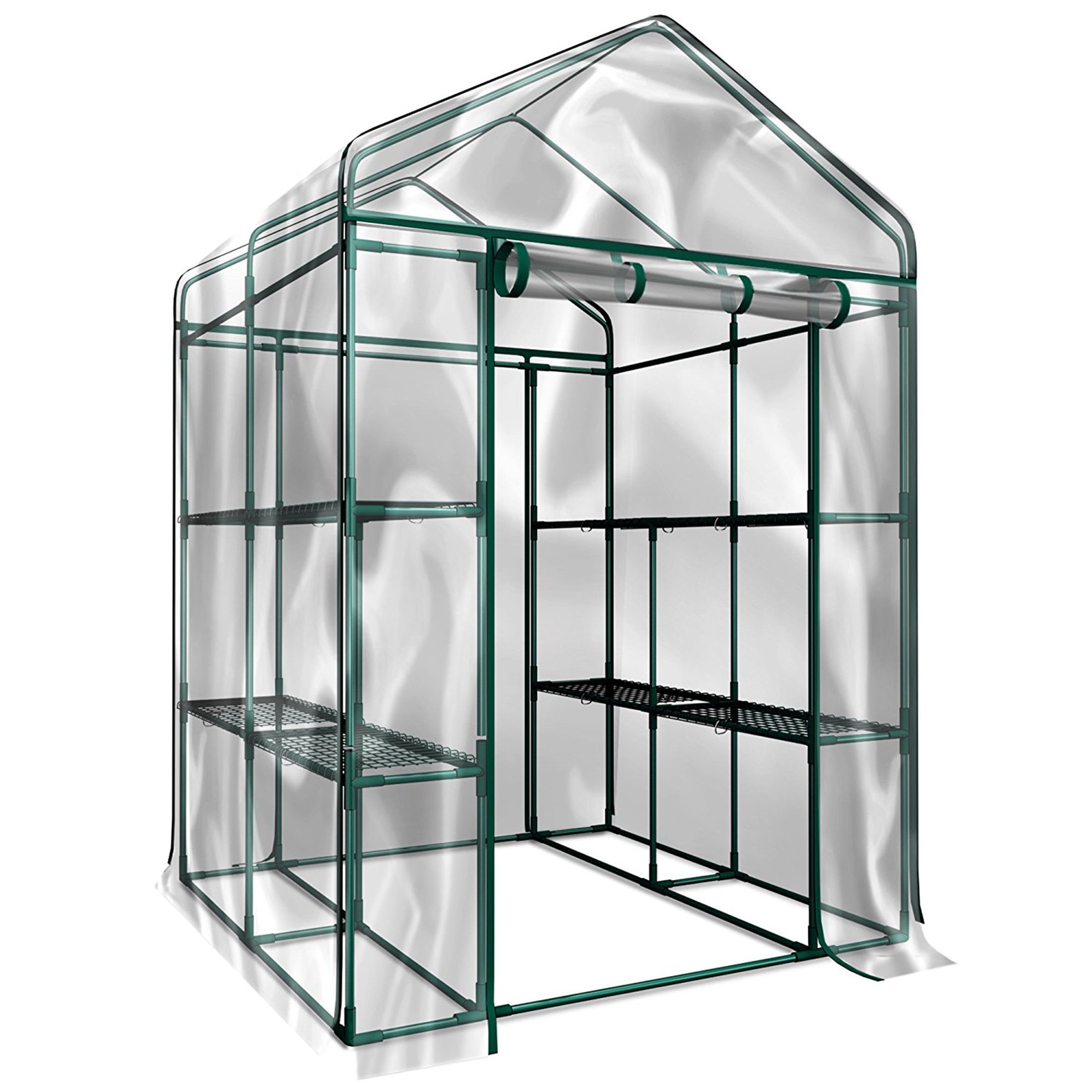 Green Walk-In Greenhouse with 8 Shelves and PVC Cover