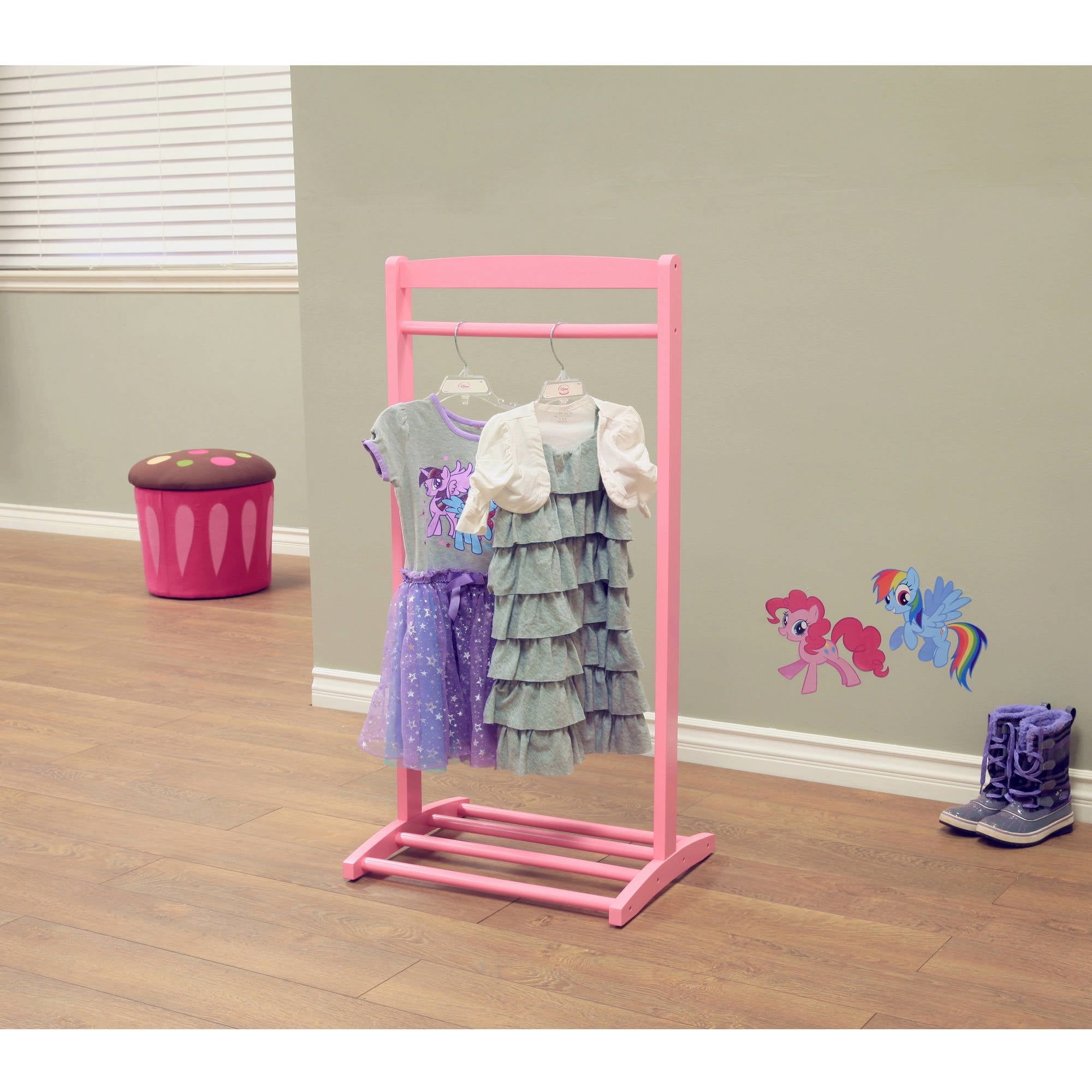 Pink Wooden Kids' Clothes Rack with Shelf