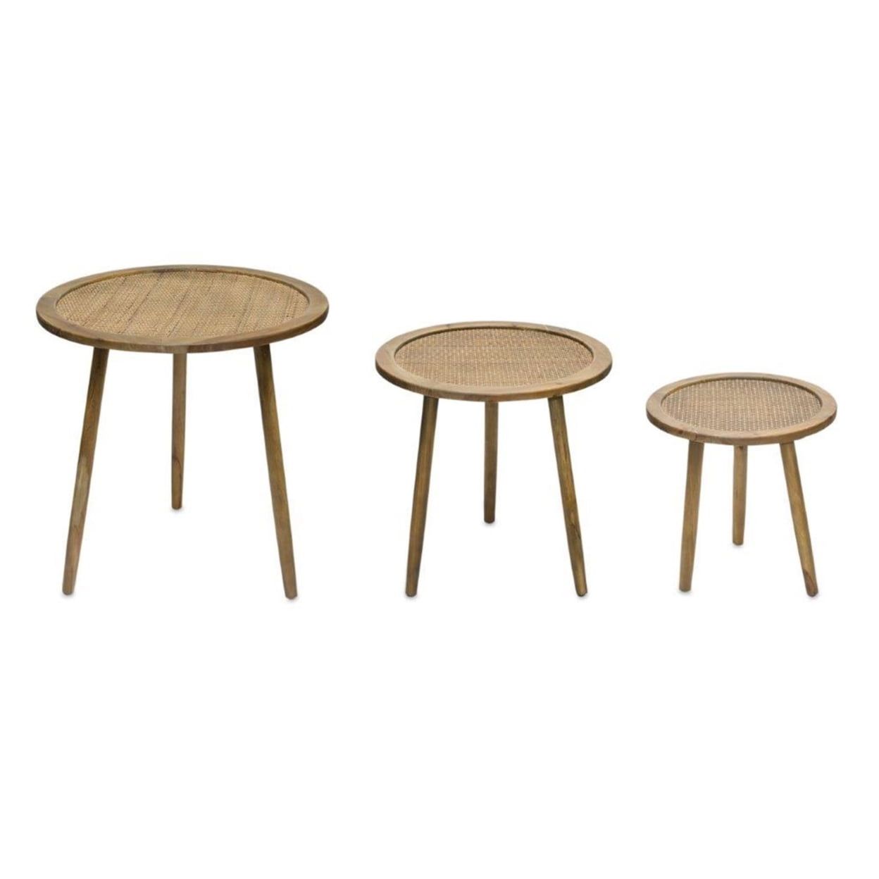 Set of 3 Natural Wood and Rattan Accent Tables