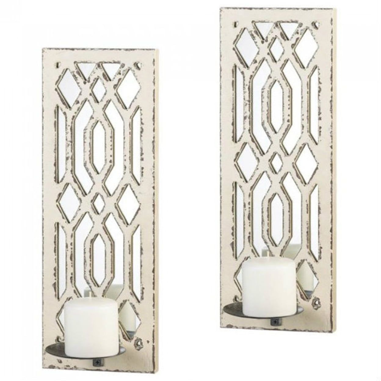 White Geometric Mirrored Wood Wall Sconce Set