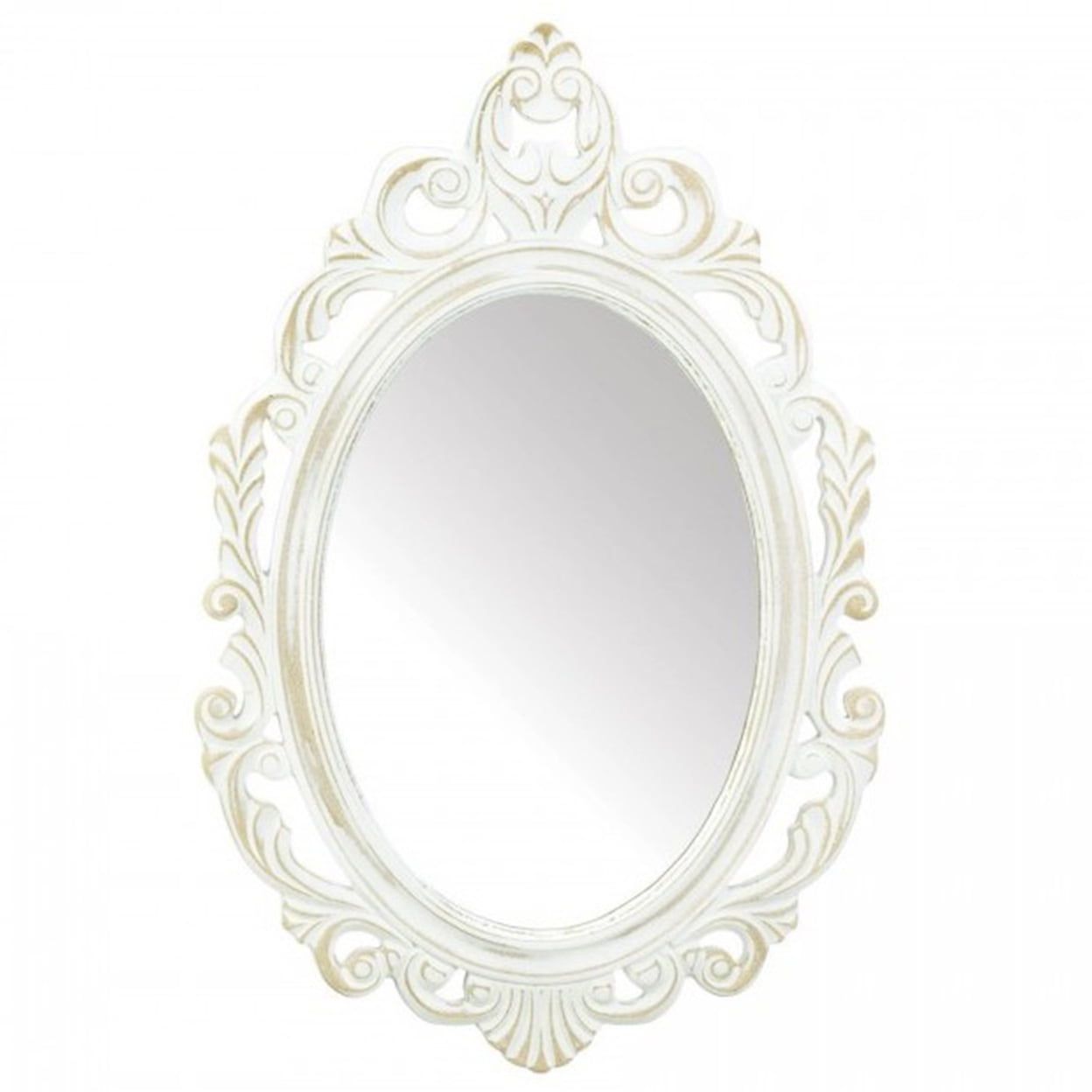 Antiqued White Oval Wood Wall Mirror