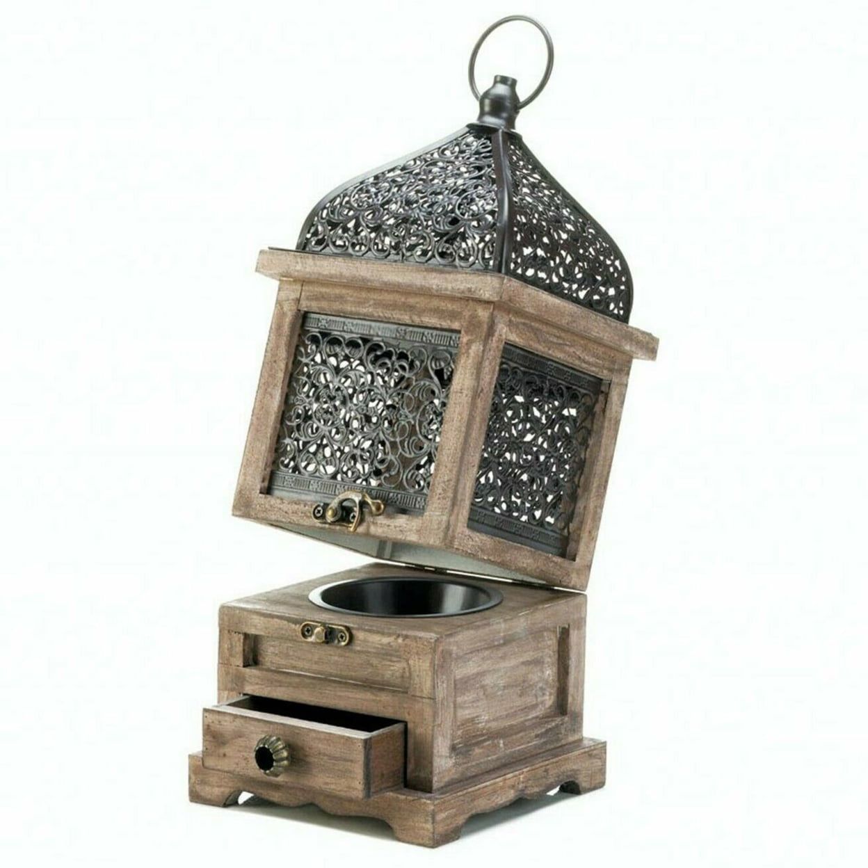 Rustic Pine Wood & Iron Hanging Candle Lantern, 15"