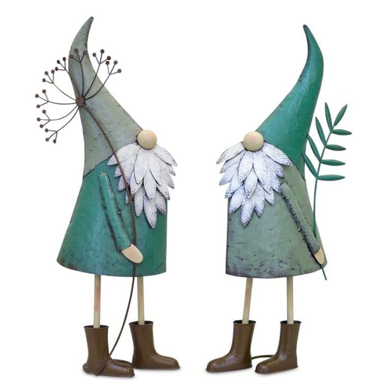 Teal Iron Garden Gnomes with Flowers, Set of 2