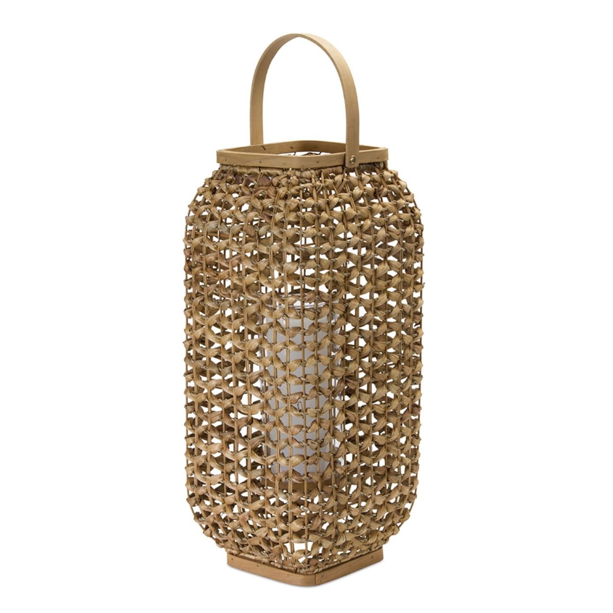 Boho-Chic Wicker and Glass Floor Lantern, 20" Christmas Winter Decor