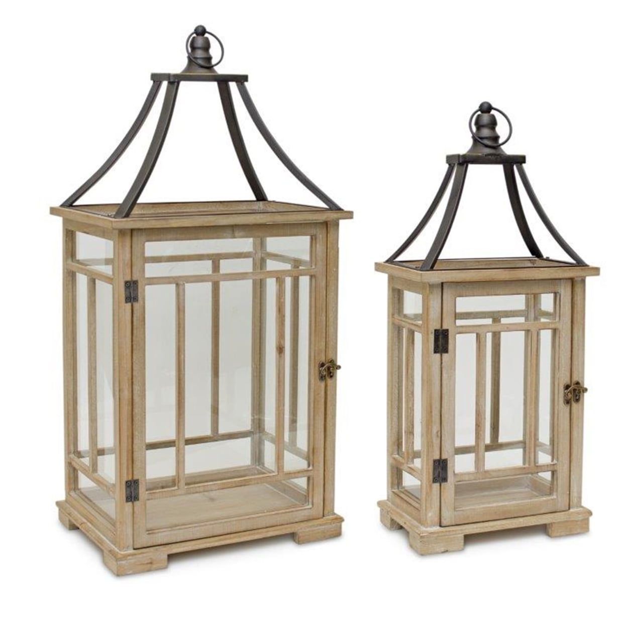 Rustic Wood and Metal Hanging Candle Lanterns, Set of 2