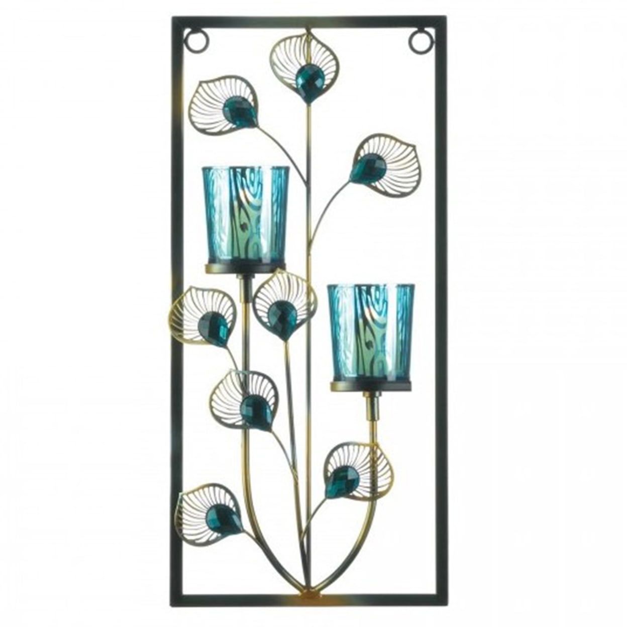 Turquoise Peacock Feather Iron Wall Sconce with Crystal Accents