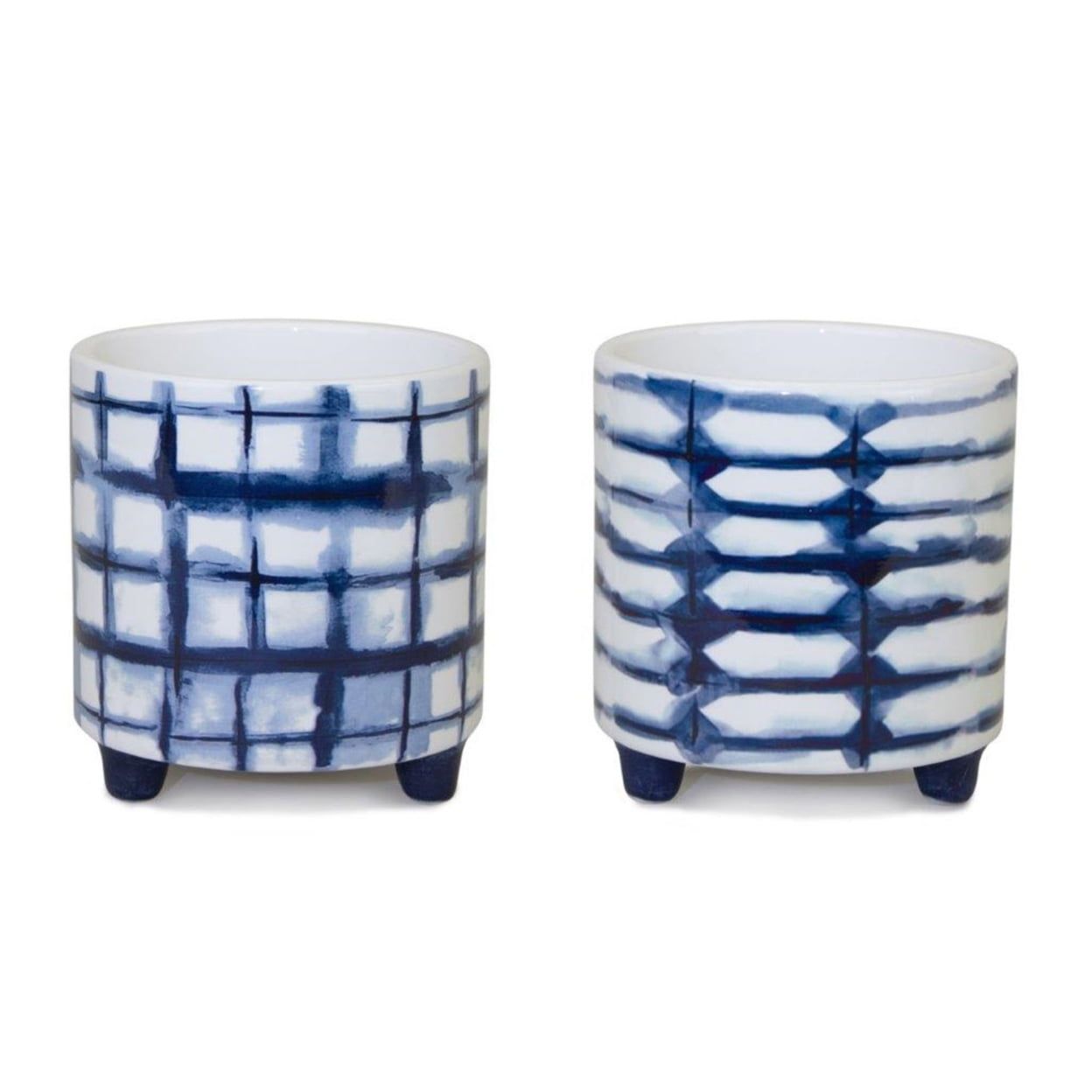 Chic Abstract Blue and White Dolomite Footed Pot Set for Indoor/Outdoor