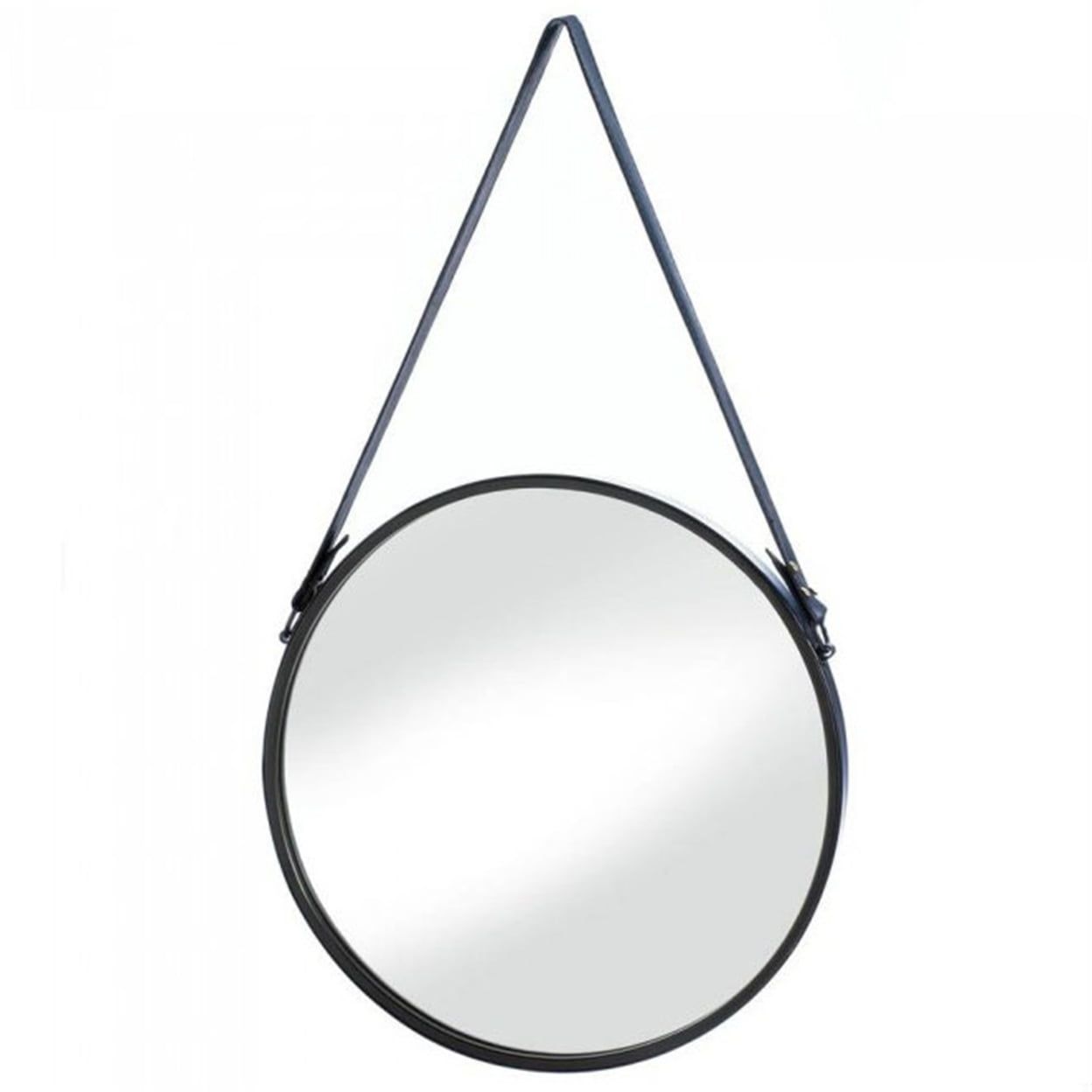 Round Black Iron Wall Mirror with Faux Leather Strap