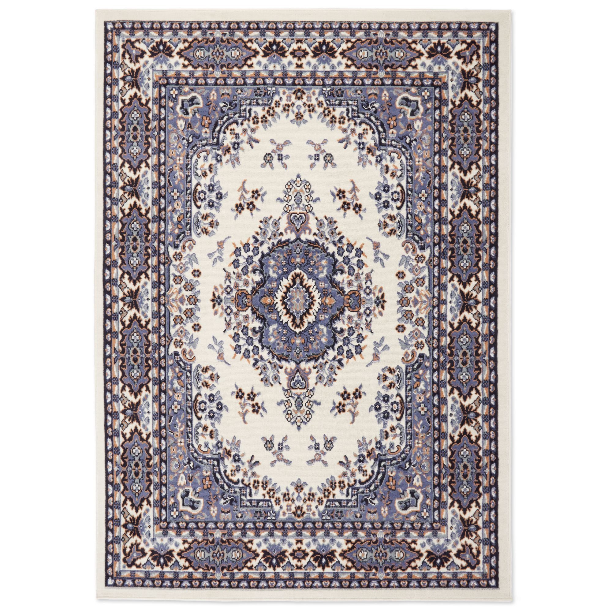 Ivory and Blue Traditional Medallion Area Rug, 5'2" x 7'4"