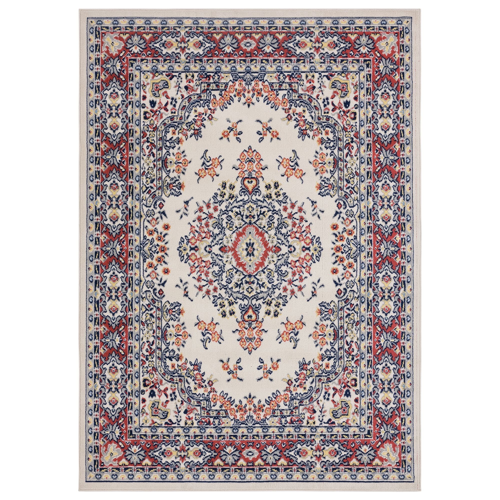 Ivory and Red Synthetic Traditional Medallion Area Rug