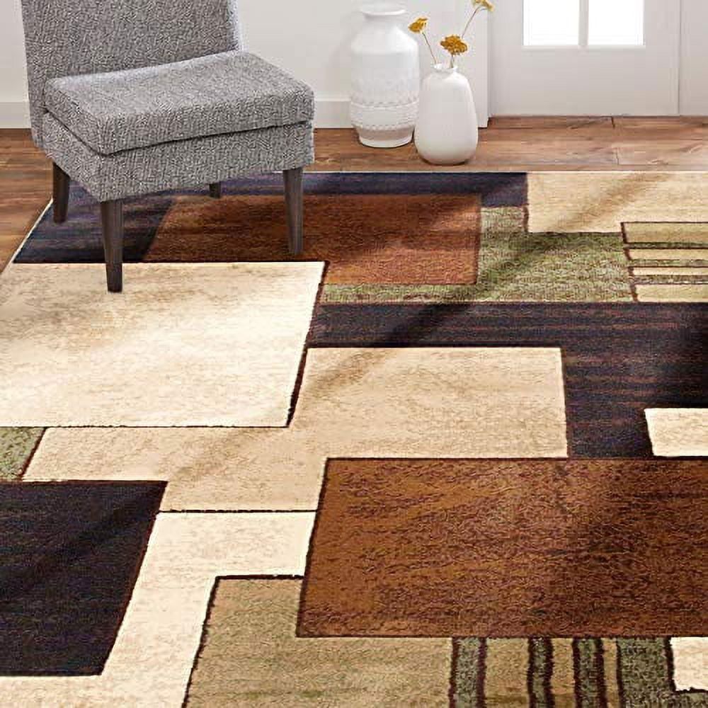 Abstract Brown and Green Geometric Synthetic 5' x 7' Area Rug