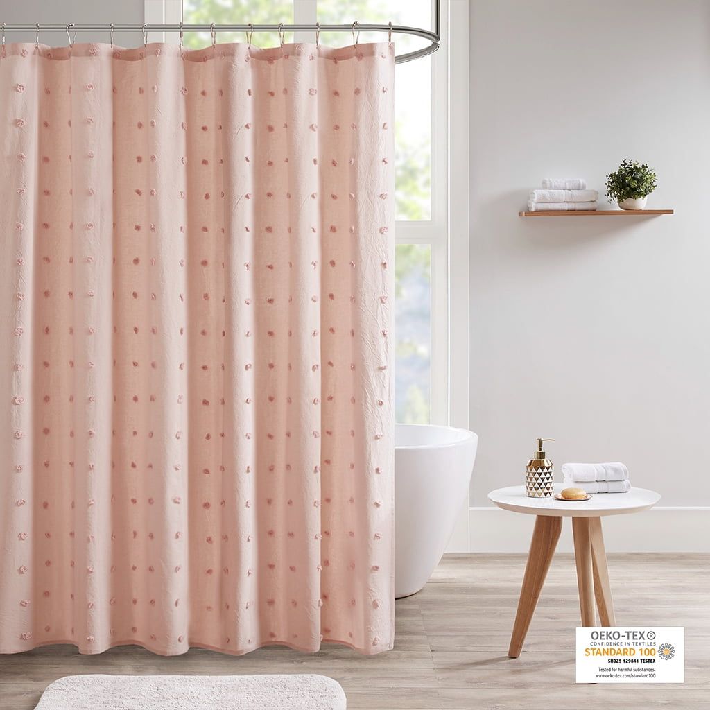 Soft Pink Cotton Jacquard Pom Pom Shower Curtain