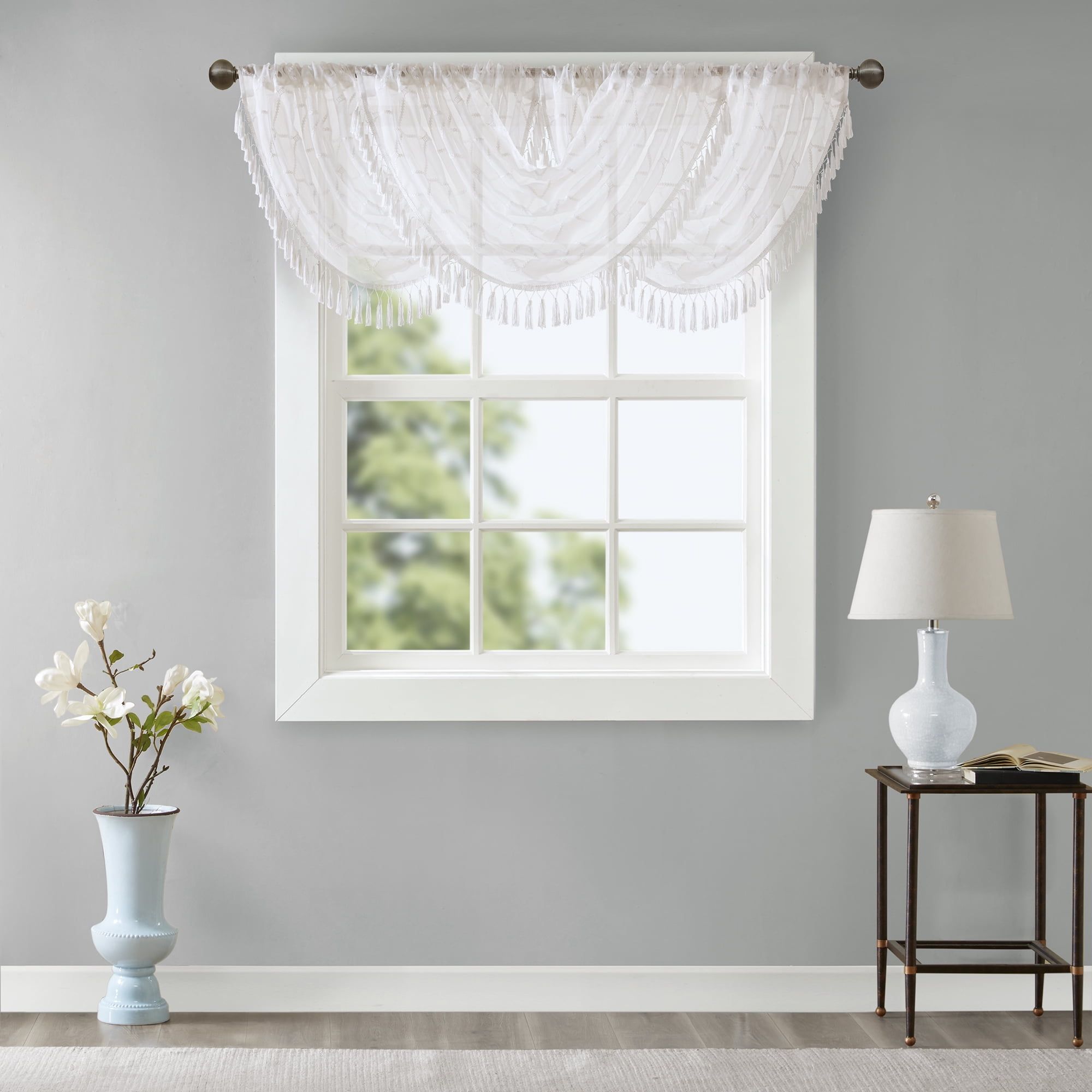 White Sheer Embroidered Waterfall Valance with Tassels