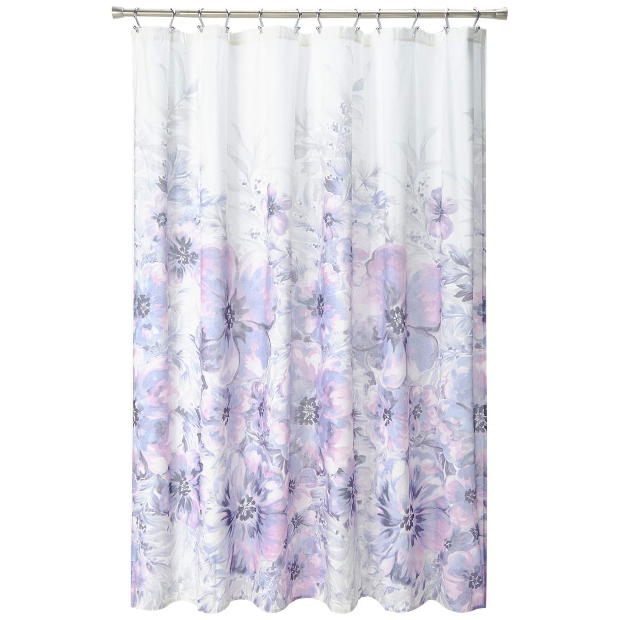 Purple Floral Cotton Shower Curtain with Watercolor Blooms