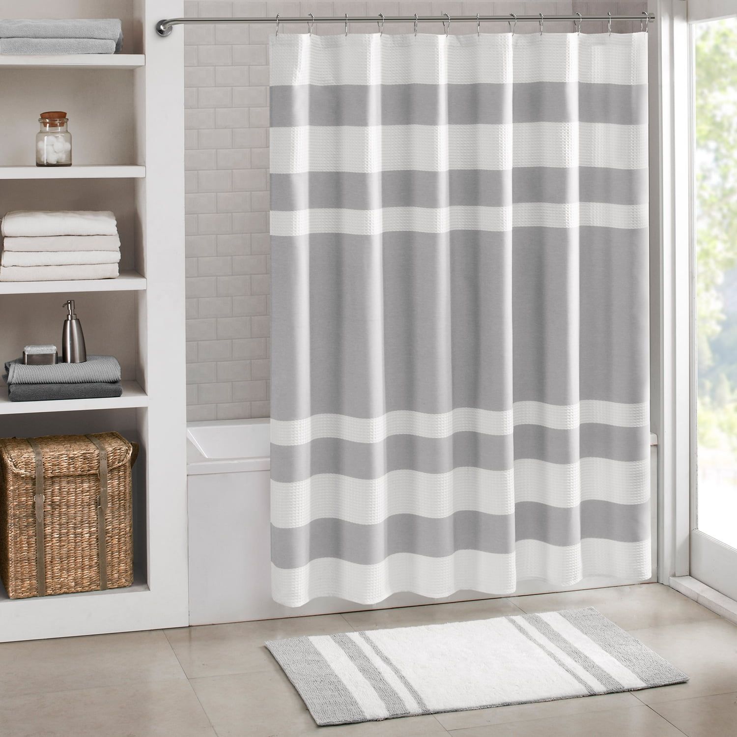 Grey and White Waffle Weave Fabric Shower Curtain