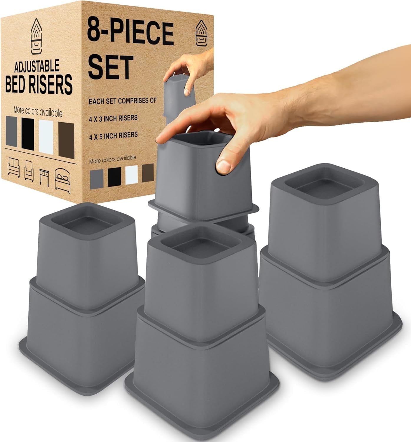 Home Intuition Bed Risers Heavy Duty Adjustable Furniture Riser 3, 5 or 8-Inch, 4 Pack, 8-Piece Set (Grey)