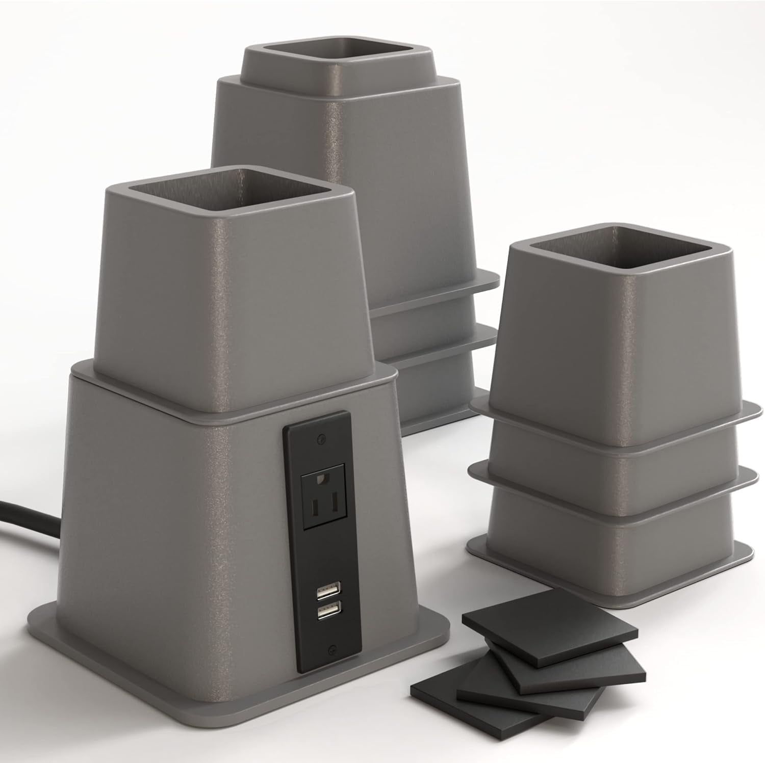 Gray Heavy Duty Adjustable Bed Risers with USB Ports