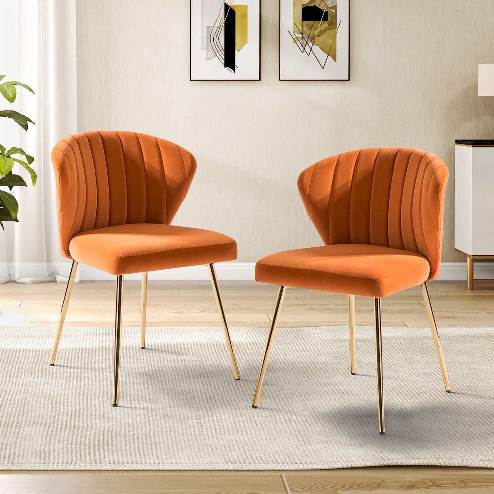 Velvet Upholstered Low Back Side Chair in Orange with Brass Legs, Set of 2